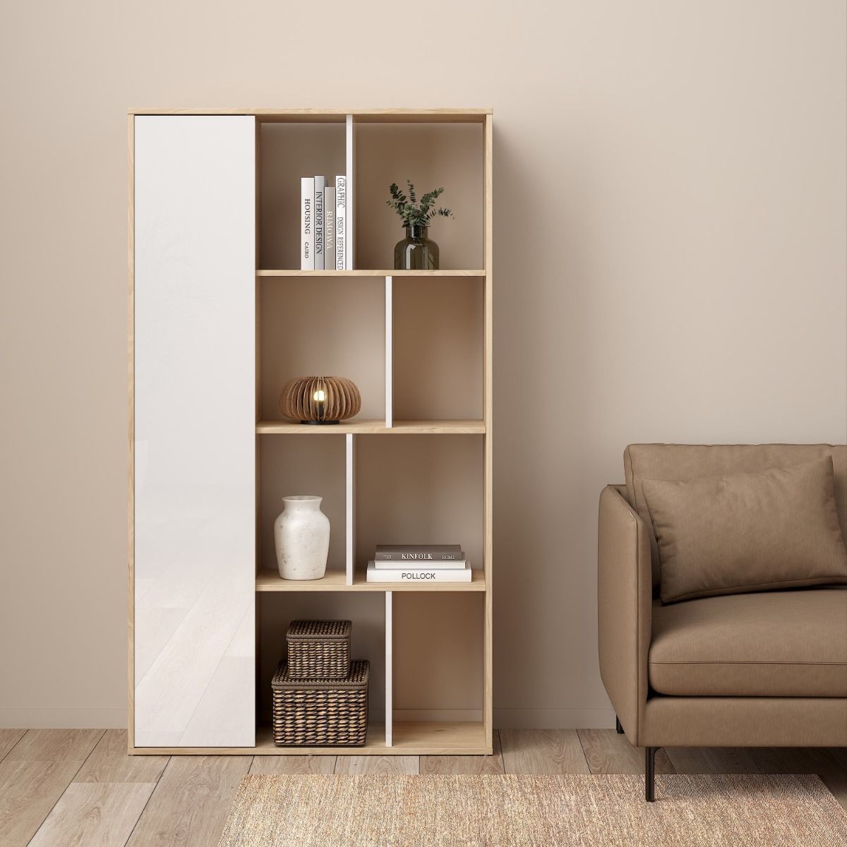 Maze Bookcase With 1 Door In Oak And White High Gloss - Price Crash Furniture