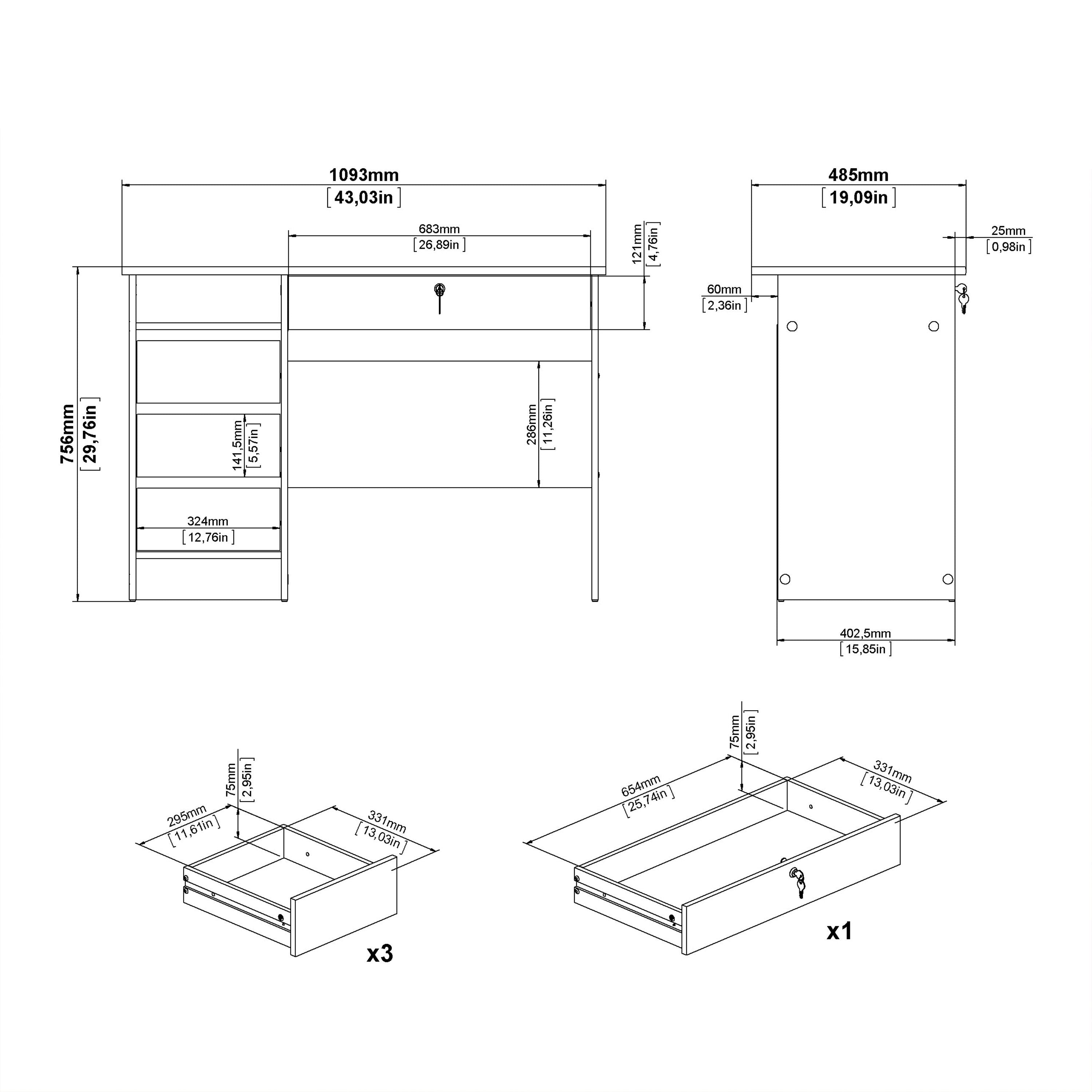 Function Plus 4 Drawer Desk Handle free Drawer in Jackson Hickory Oak - Price Crash Furniture