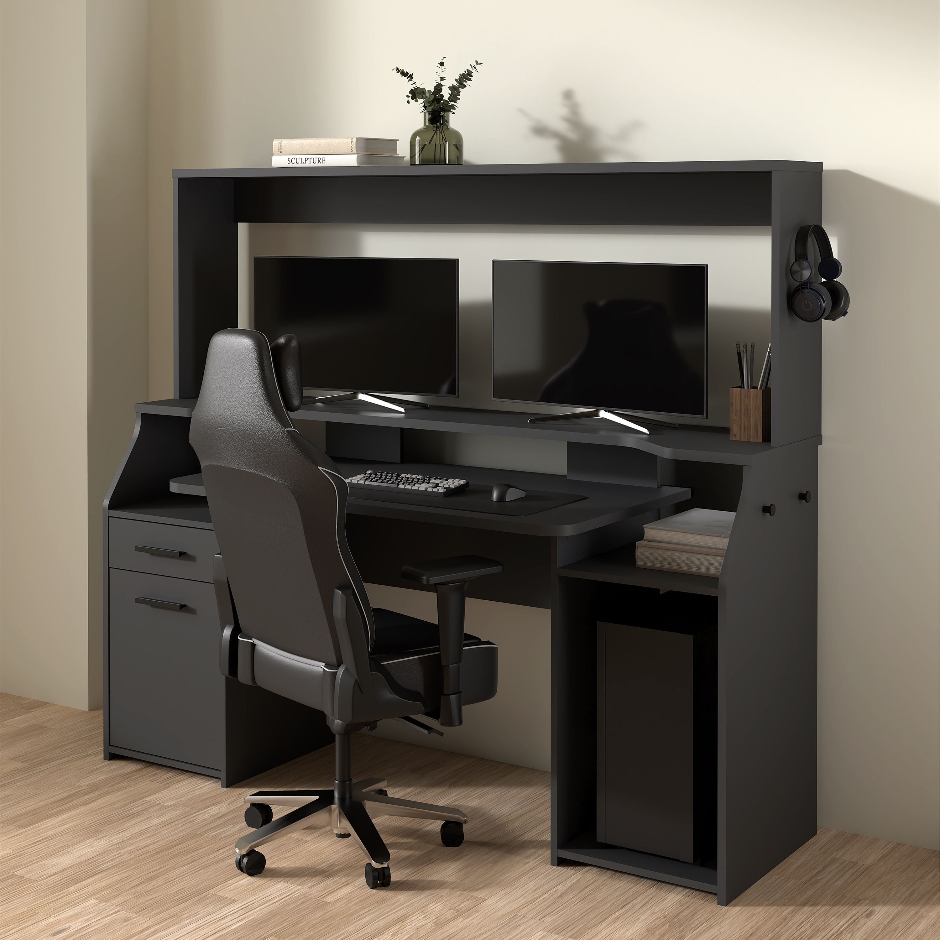 Function Plus Black Gaming Desk With 1 Door 1 Drawer - Price Crash Furniture