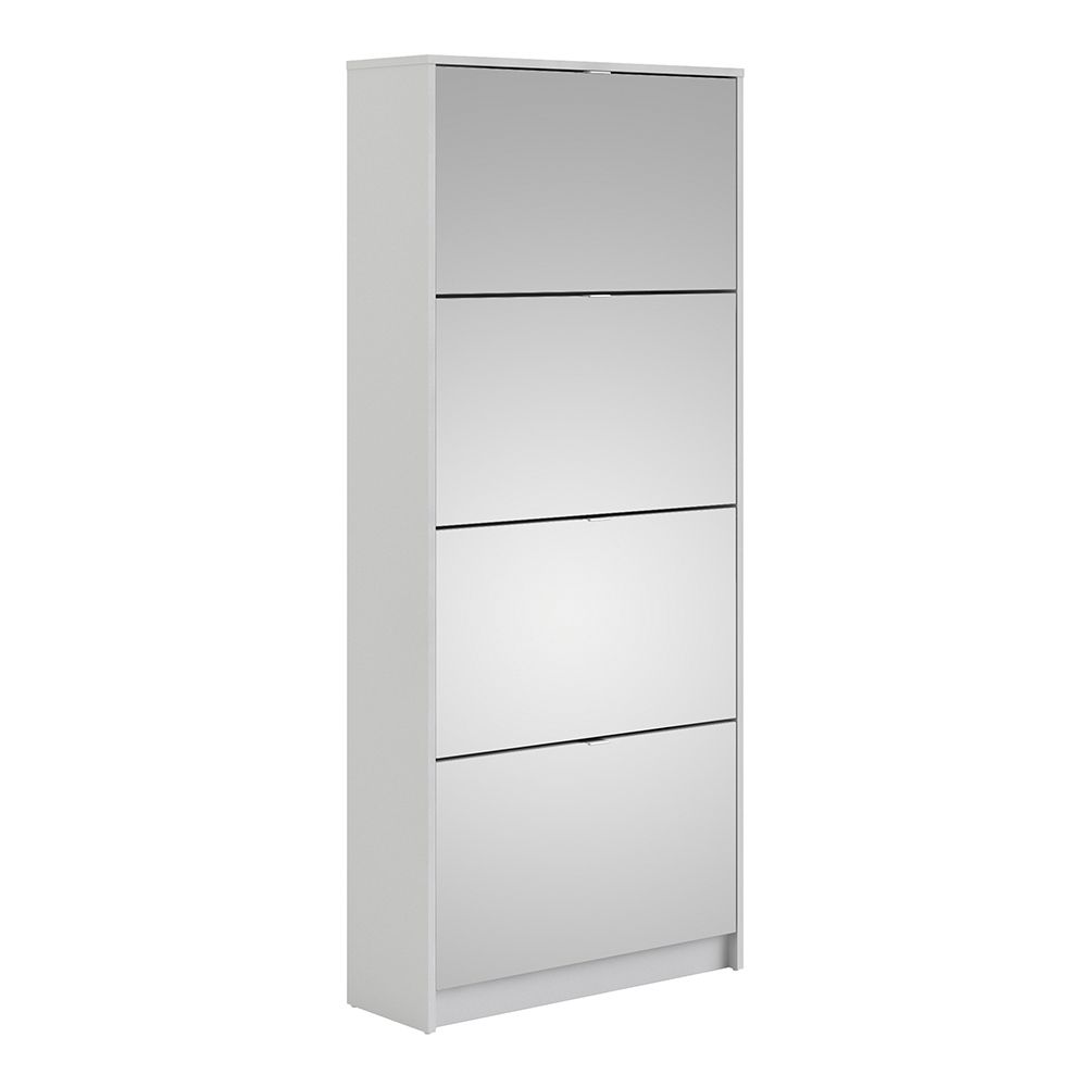 Shoes Cabinet With 4 Mirrored Flip Doors In White