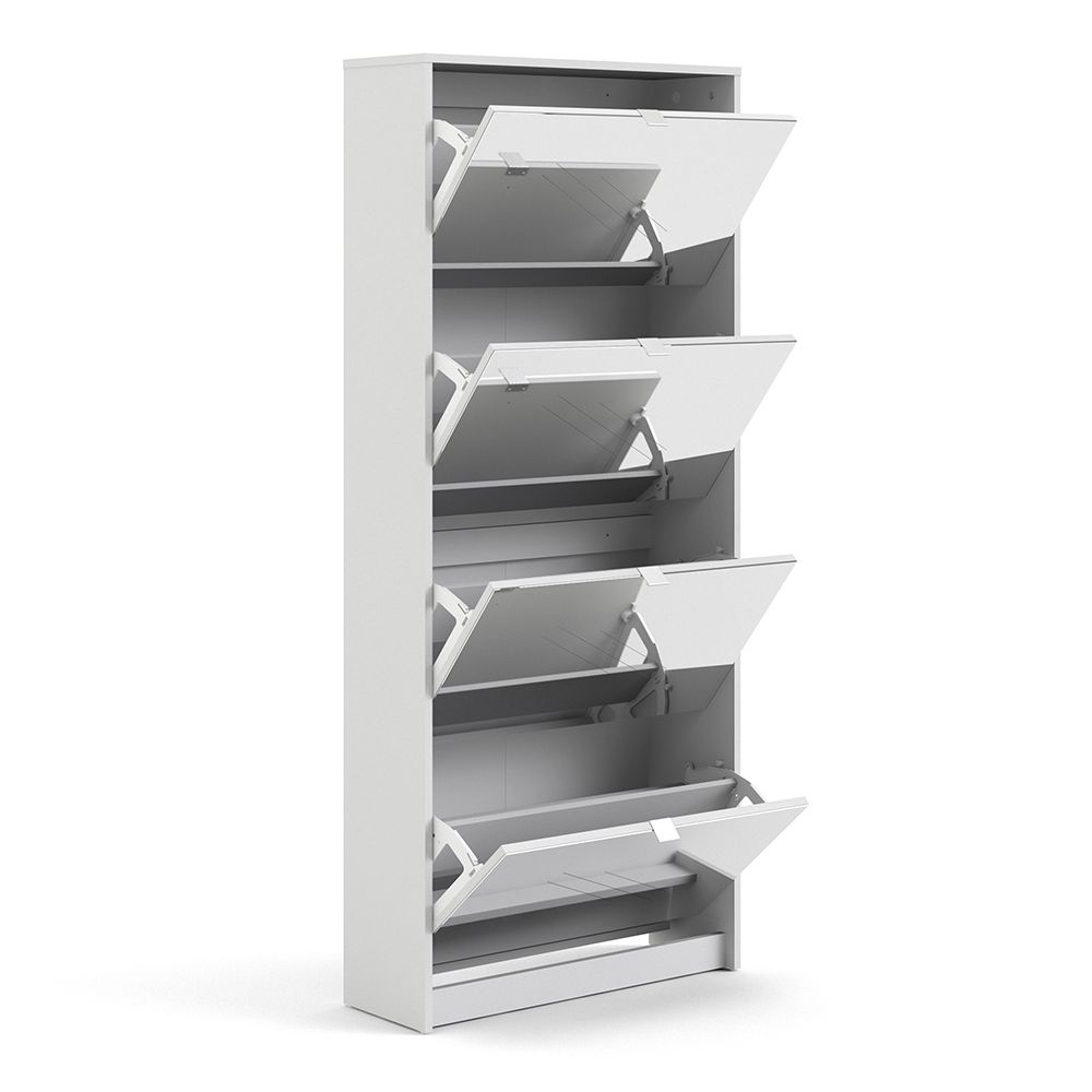 Shoes Cabinet With 4 Mirrored Flip Doors In White