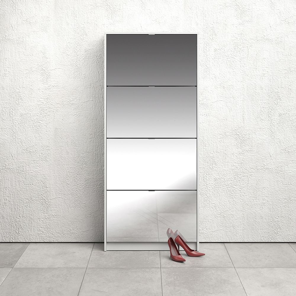 Shoes Cabinet With 4 Mirrored Flip Doors In White