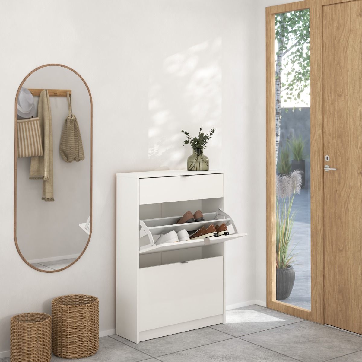 Shoe Cabinet 2 Flip Down Doors & 1 Drawer In White