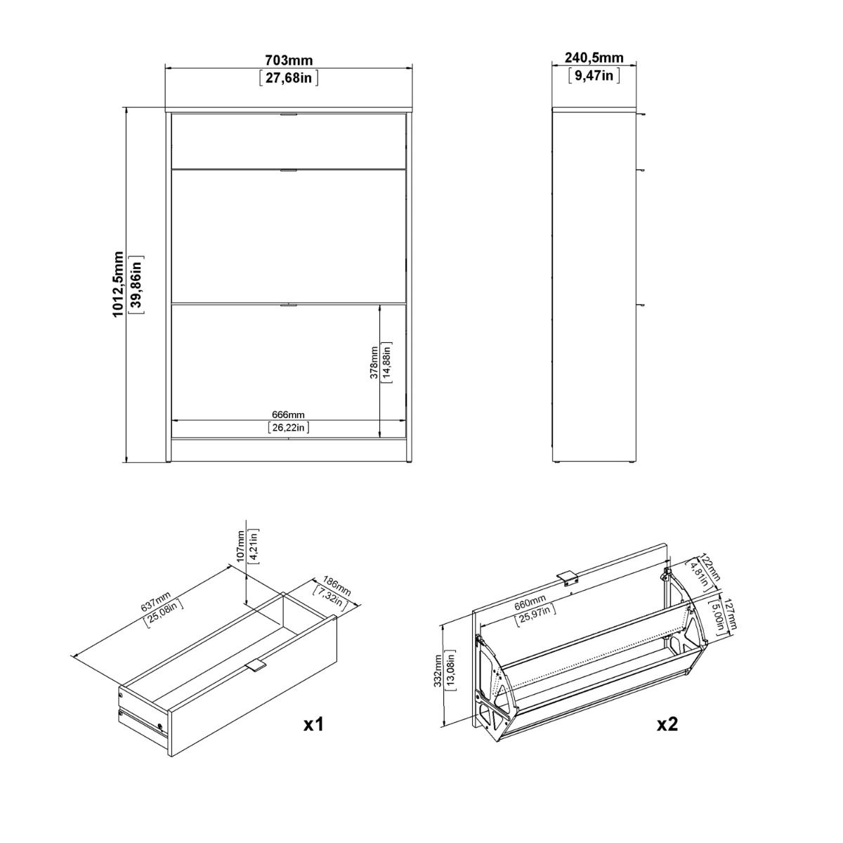 Shoe Cabinet 2 Flip Down Doors & 1 Drawer In White