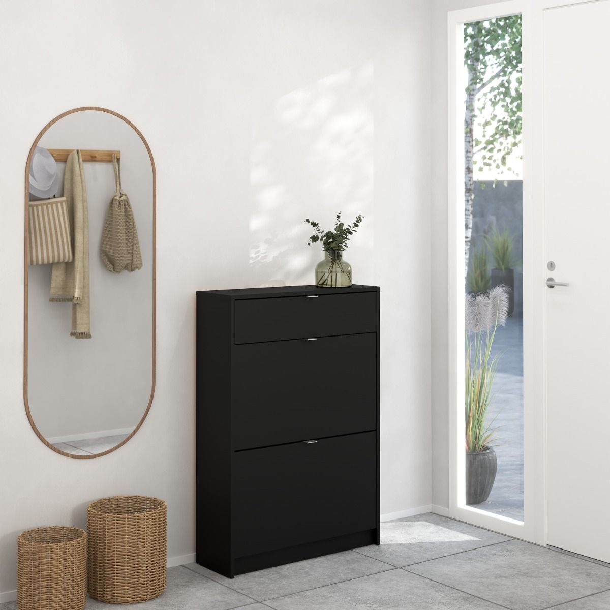 Shoes Shoe Cabinet 2 Flip Down Doors + 1 Drawer In Matt Black - Price Crash Furniture
