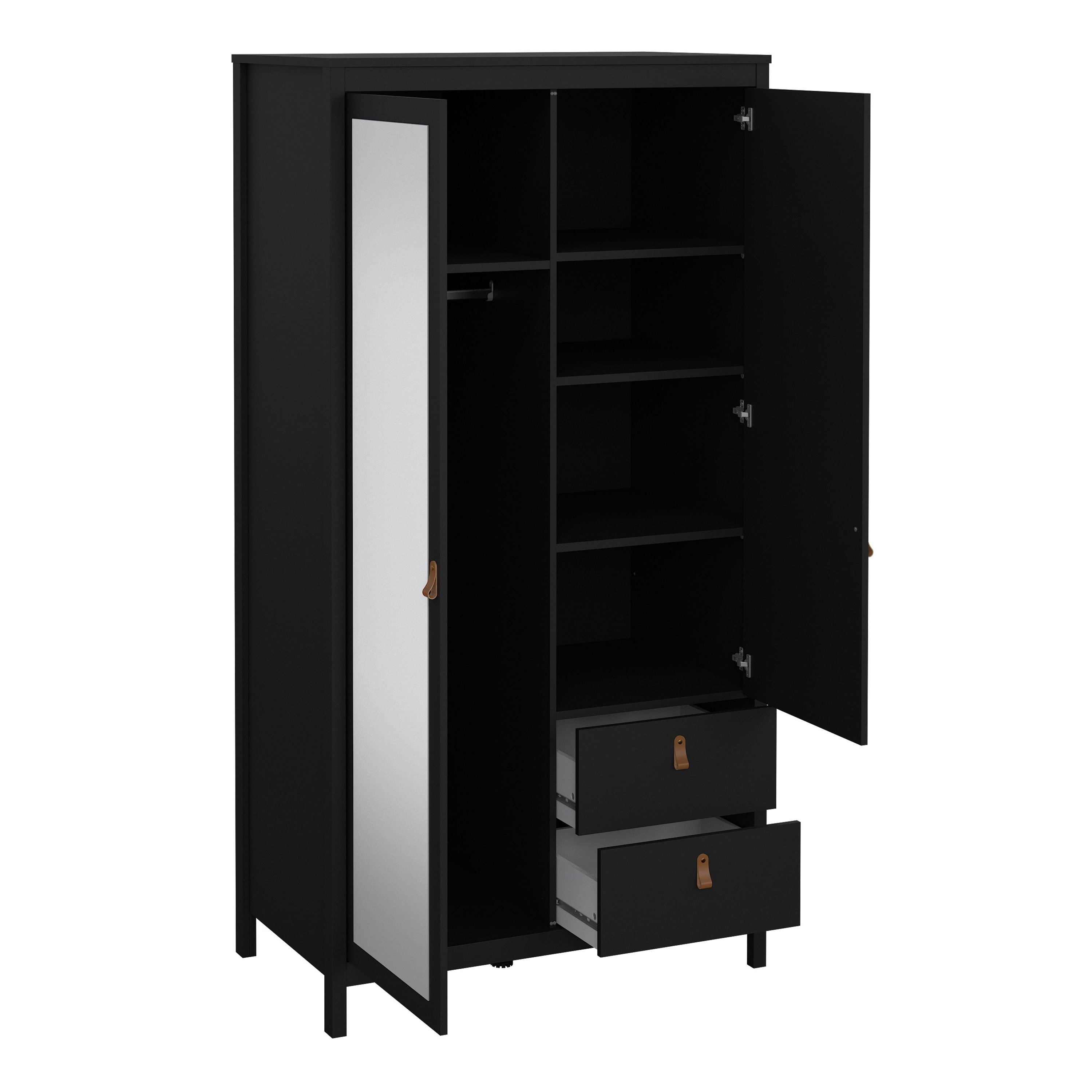 Barcelona Wardrobe With 1 Door 1 Mirror Door 2 Drawers In Matt Black - Price Crash Furniture