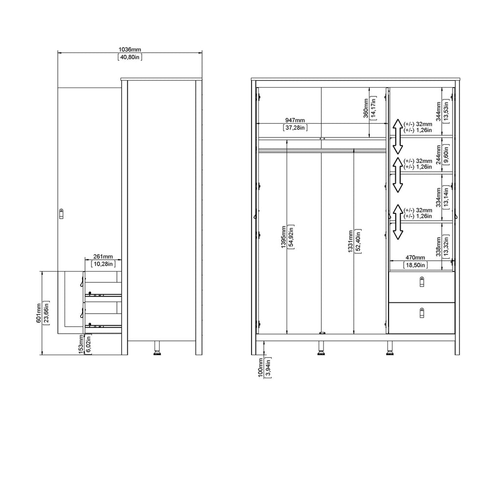 Barcelona Wardrobe With 2 Doors 1 Mirror Door 2 Drawers In White - Price Crash Furniture