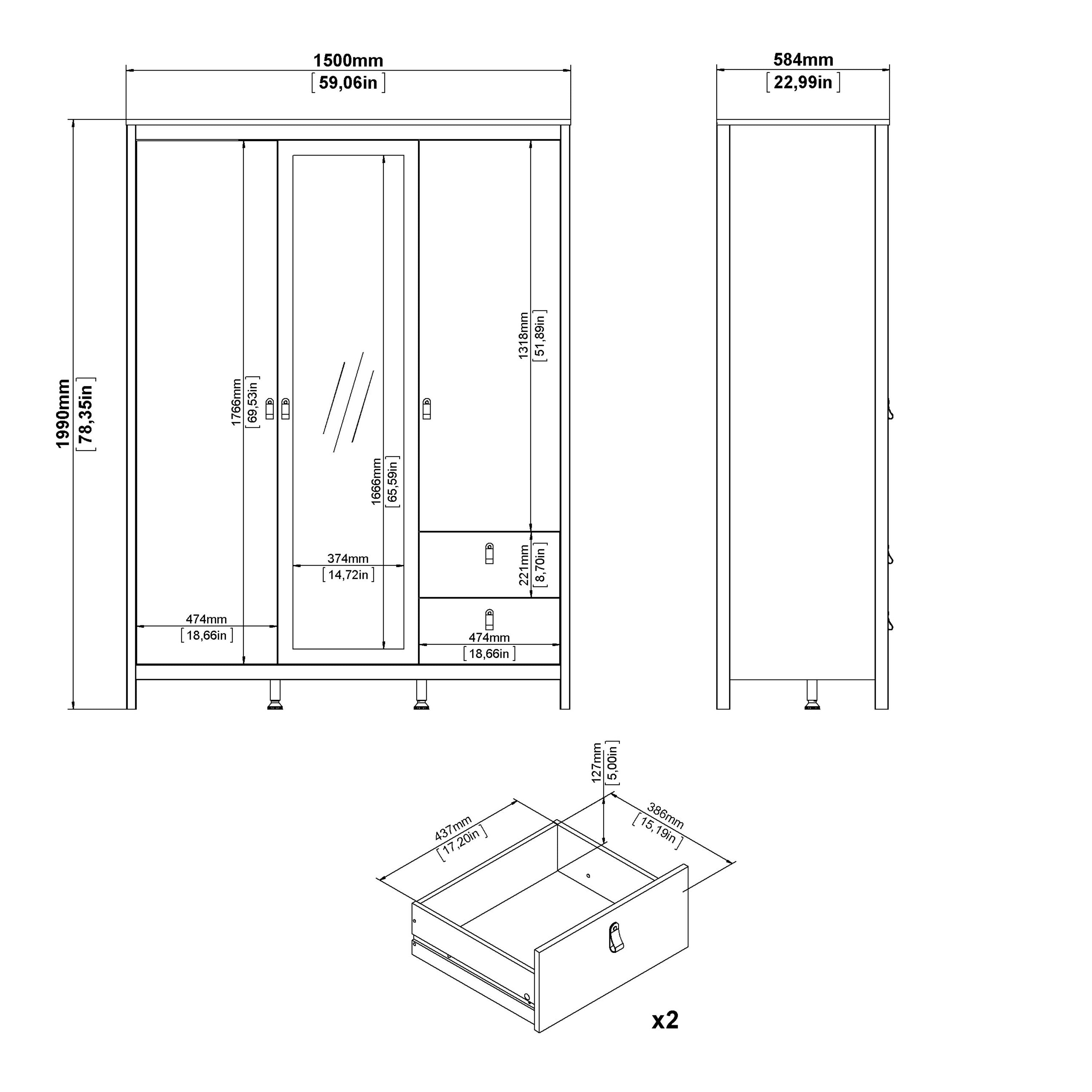 Barcelona Wardrobe With 2 Doors 1 Mirror Door 2 Drawers In White - Price Crash Furniture