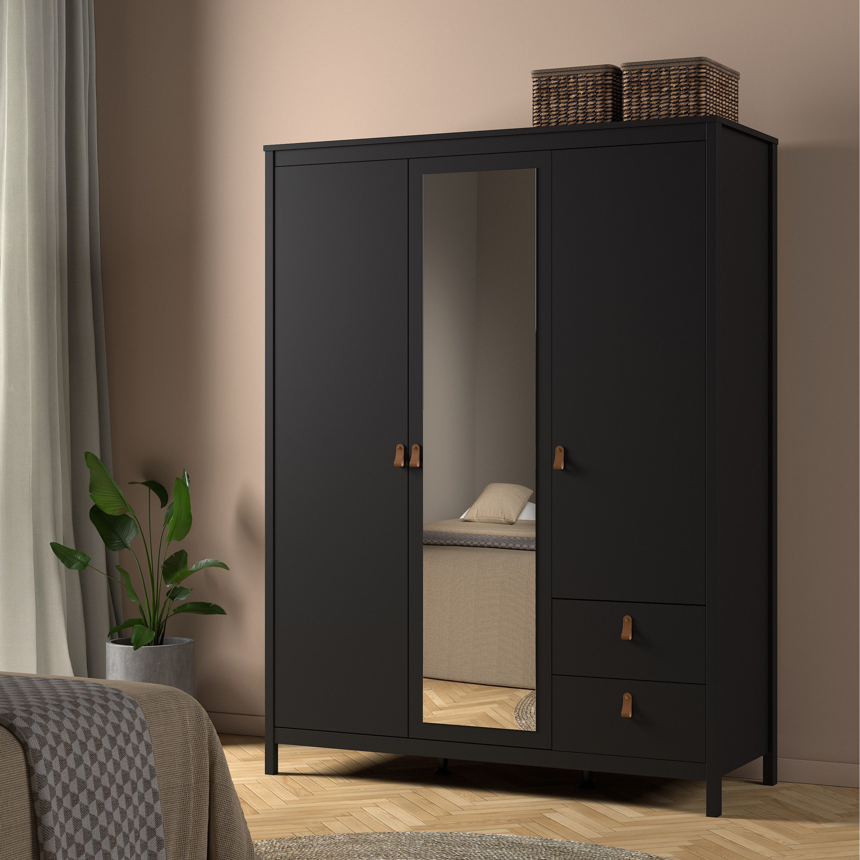 Barcelona Wardrobe With 2 Doors 1 Mirror Door 2 Drawers In Matt Black - Price Crash Furniture