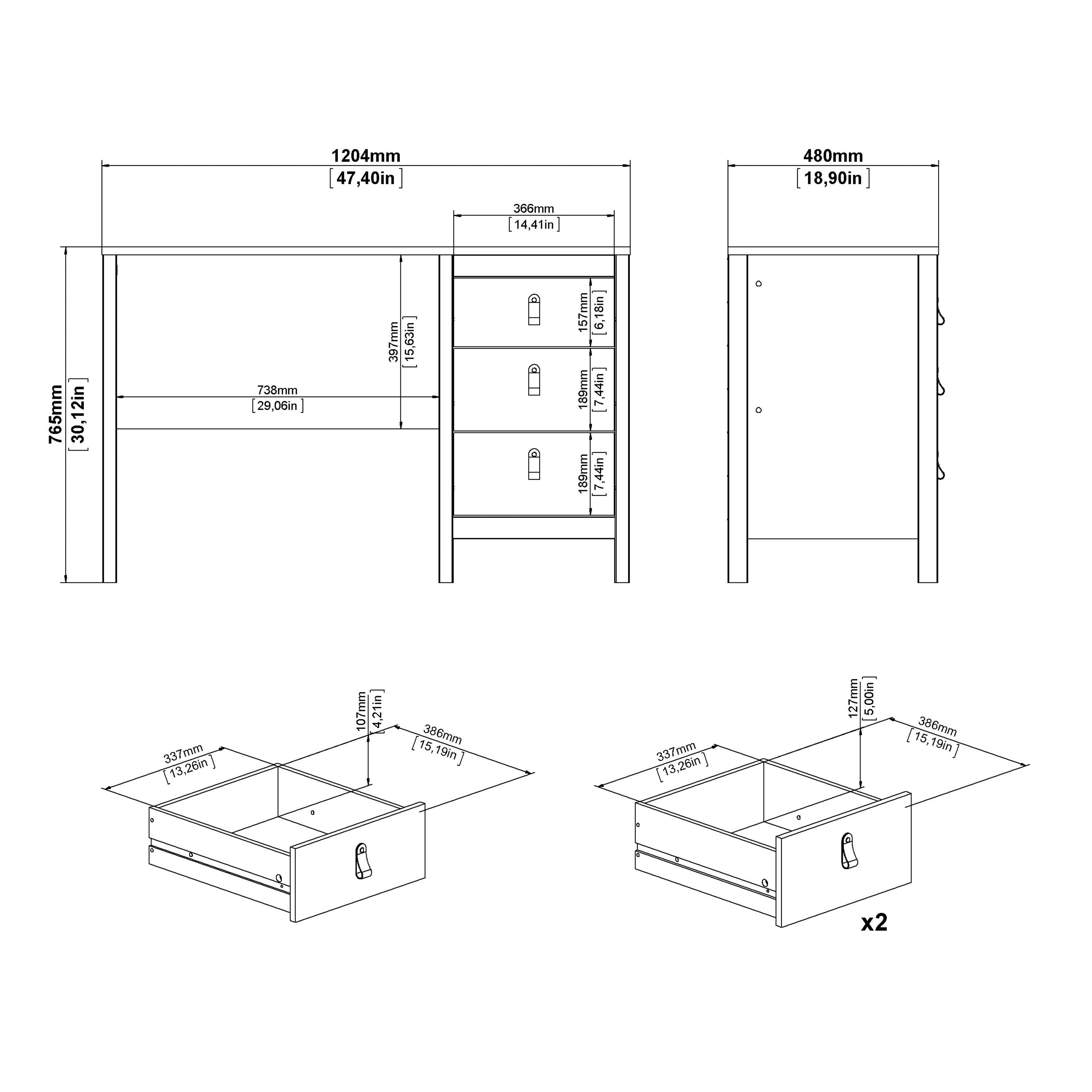 Barcelona Shaker Style Home Office Study Desk 3 Drawers In Matt Black - Price Crash Furniture