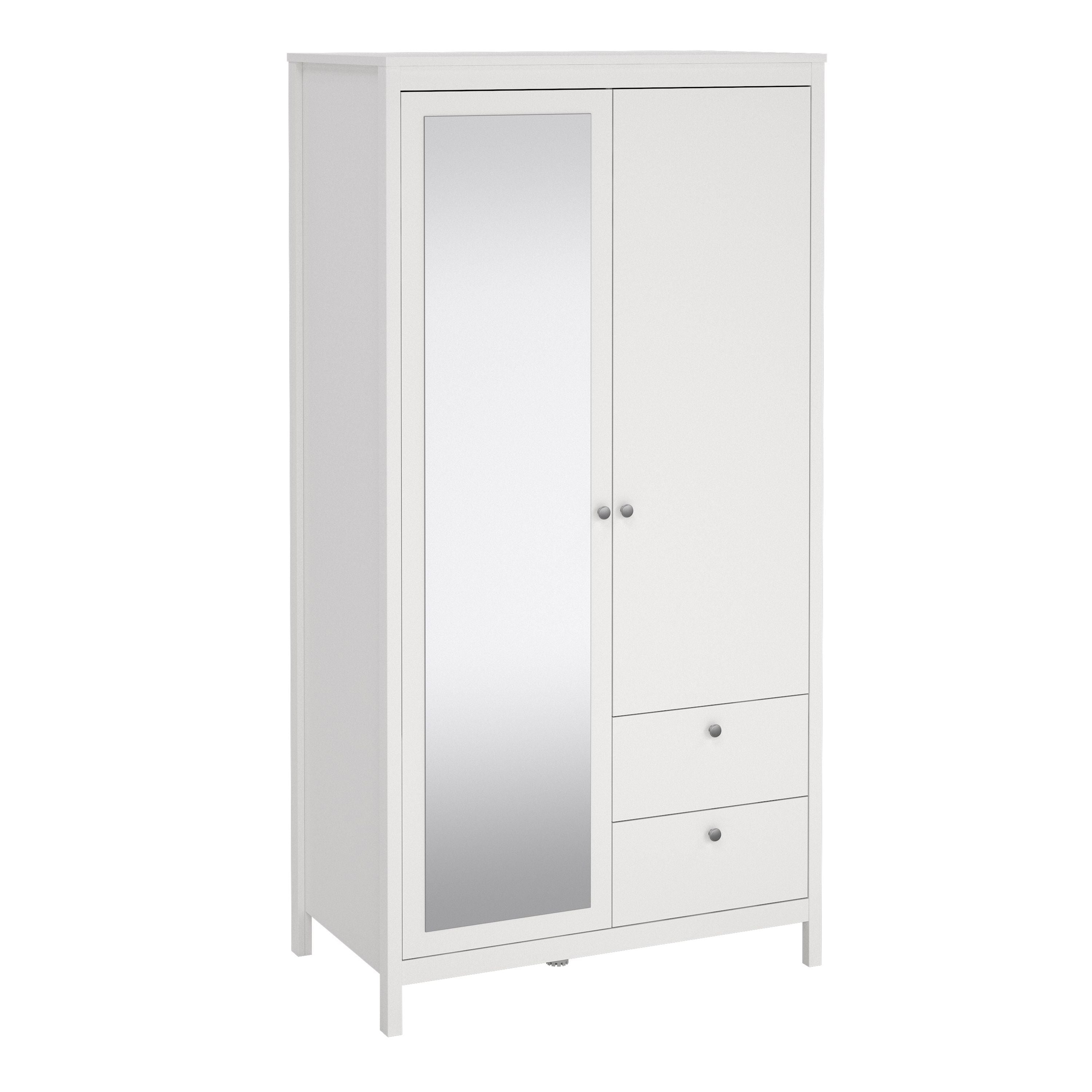 Madrid Mirrored Wardrobe With 1 Door 1 Mirror Door 2 Drawers White - Price Crash Furniture