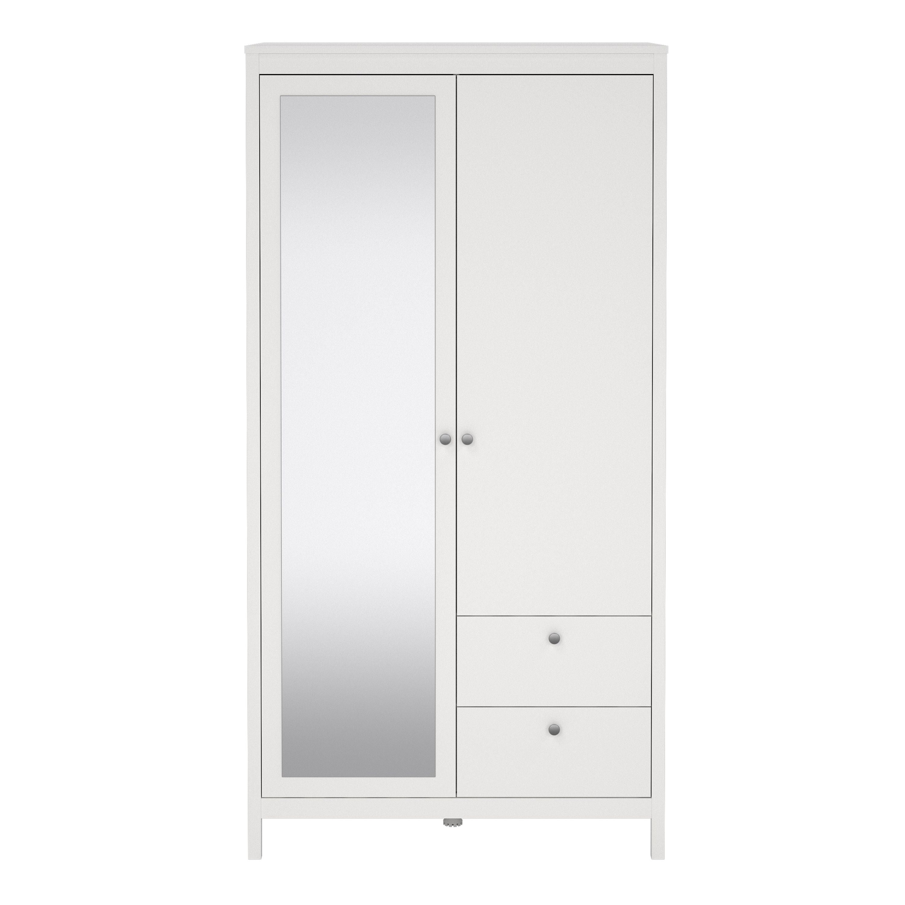 Madrid Mirrored Wardrobe With 1 Door 1 Mirror Door 2 Drawers White - Price Crash Furniture