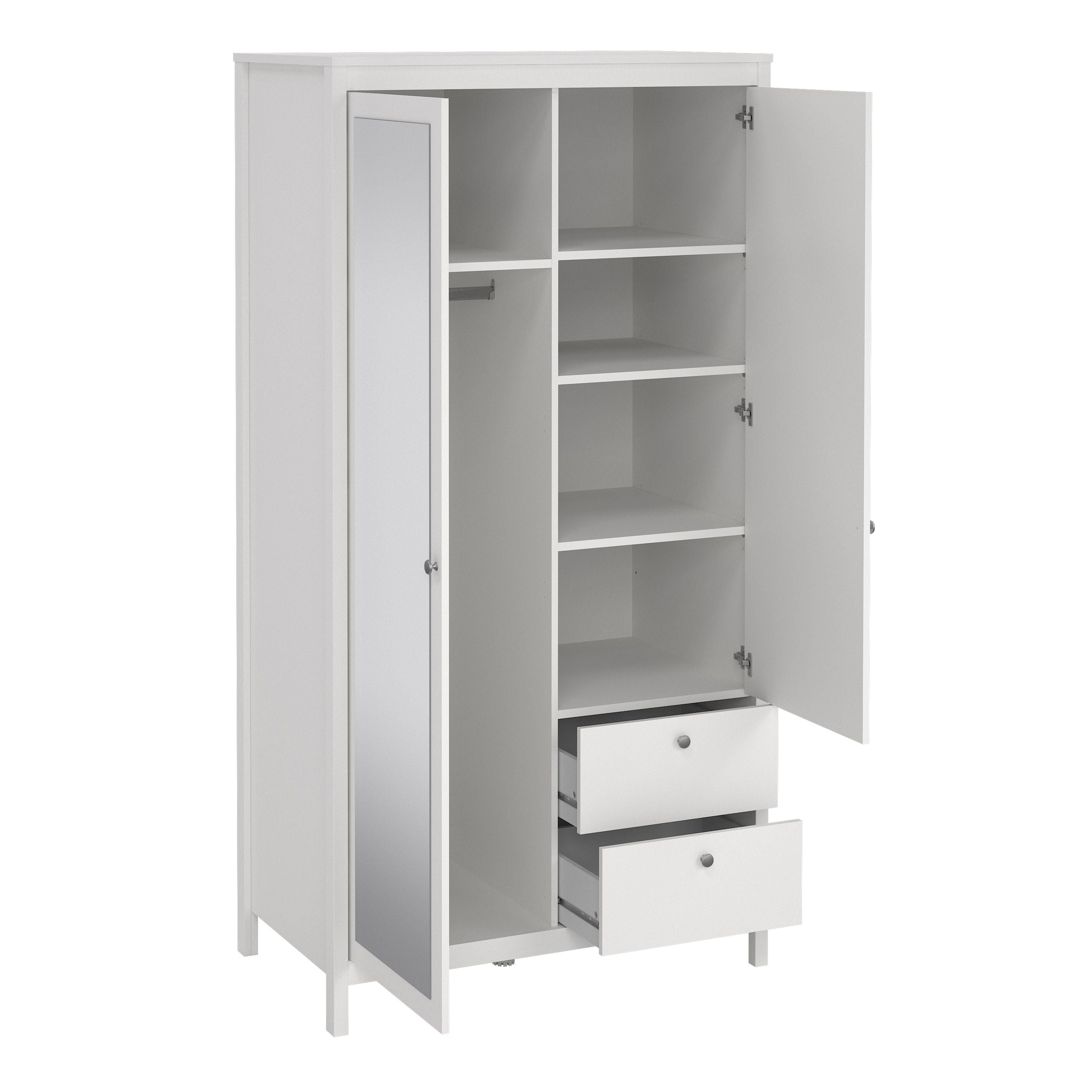 Madrid Mirrored Wardrobe With 1 Door 1 Mirror Door 2 Drawers White - Price Crash Furniture