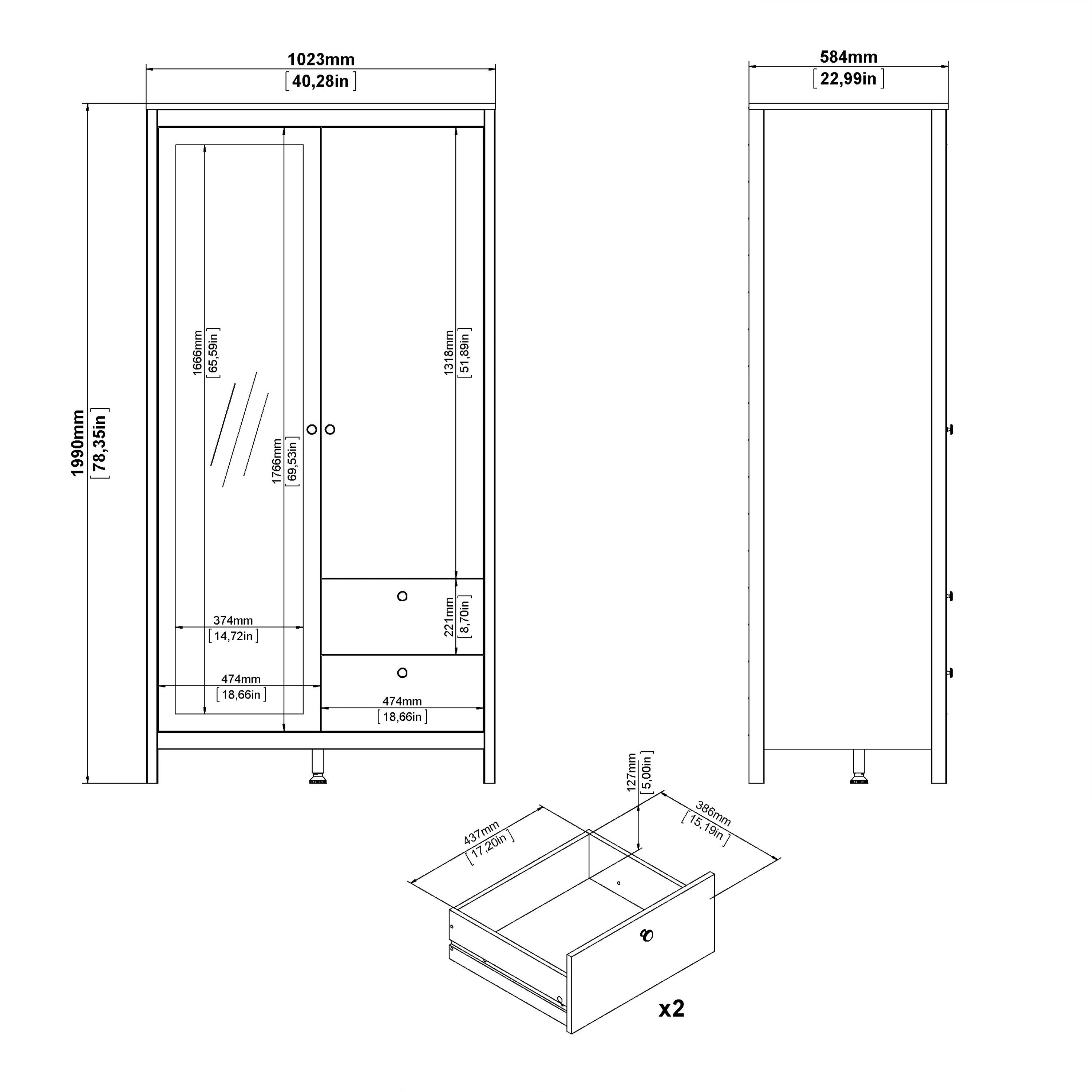 Madrid Mirrored Wardrobe With 1 Door 1 Mirror Door 2 Drawers White - Price Crash Furniture