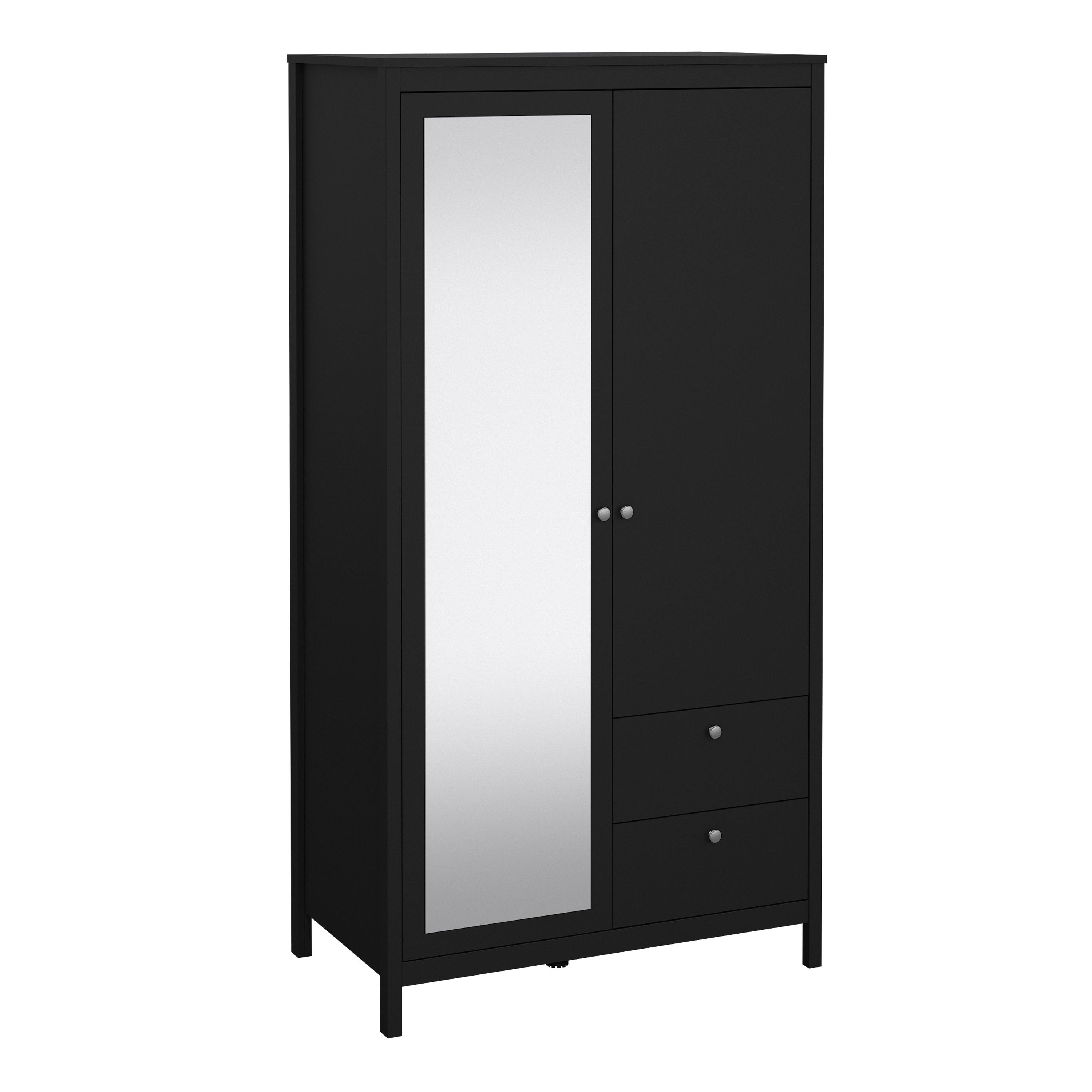 Madrid Mirrored Wardrobe With 1 Door 1 Mirror Door 2 Drawers Matt Black - Price Crash Furniture