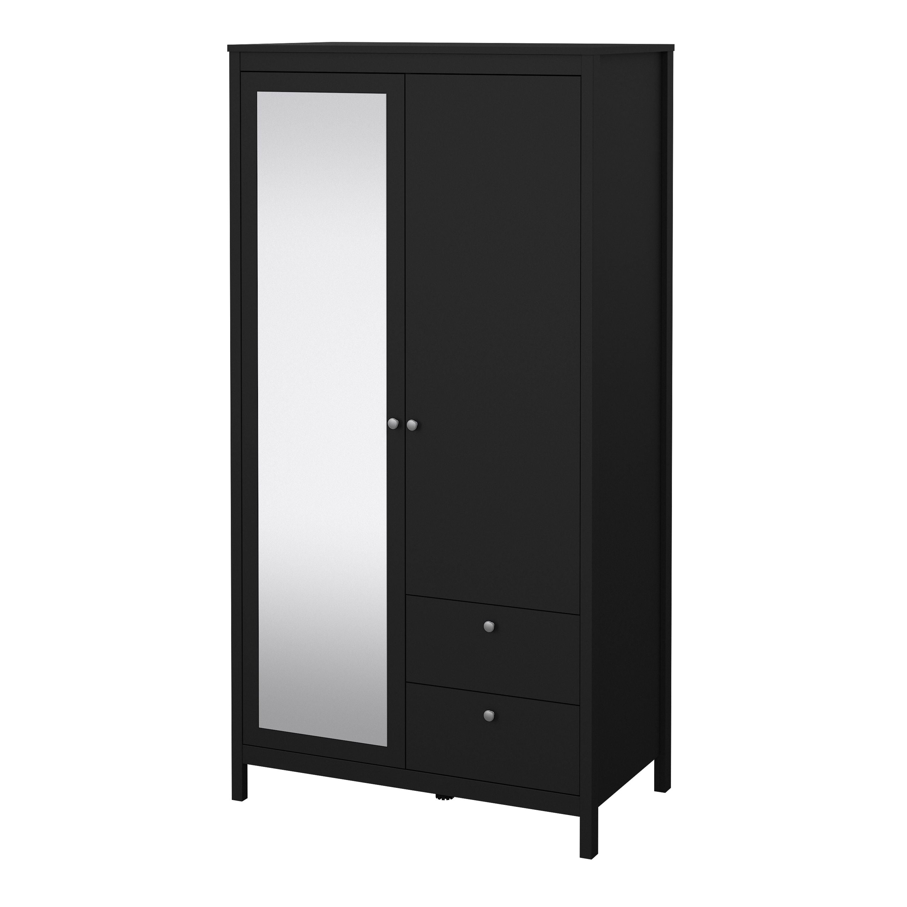 Madrid Mirrored Wardrobe With 1 Door 1 Mirror Door 2 Drawers Matt Black - Price Crash Furniture