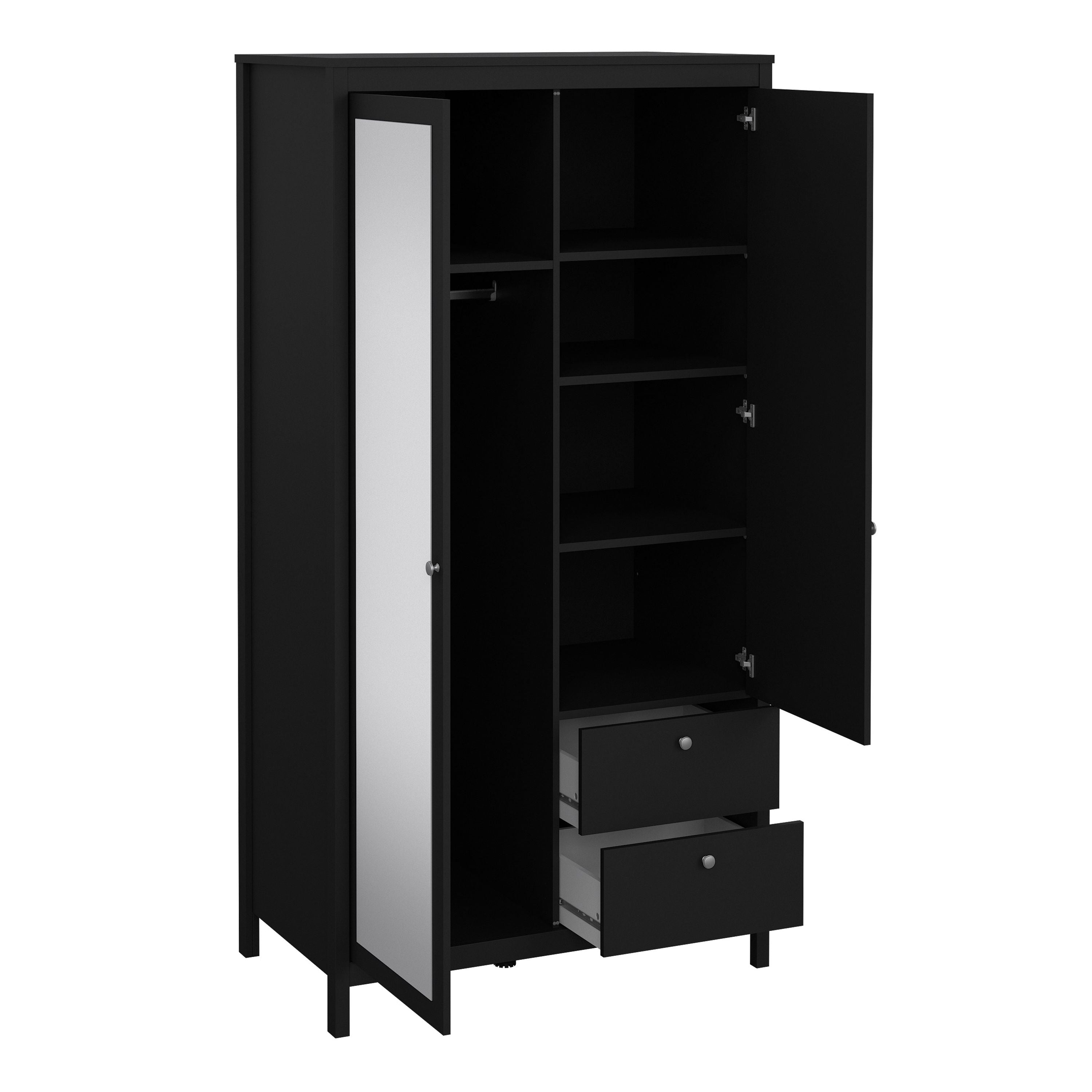 Madrid Mirrored Wardrobe With 1 Door 1 Mirror Door 2 Drawers Matt Black - Price Crash Furniture