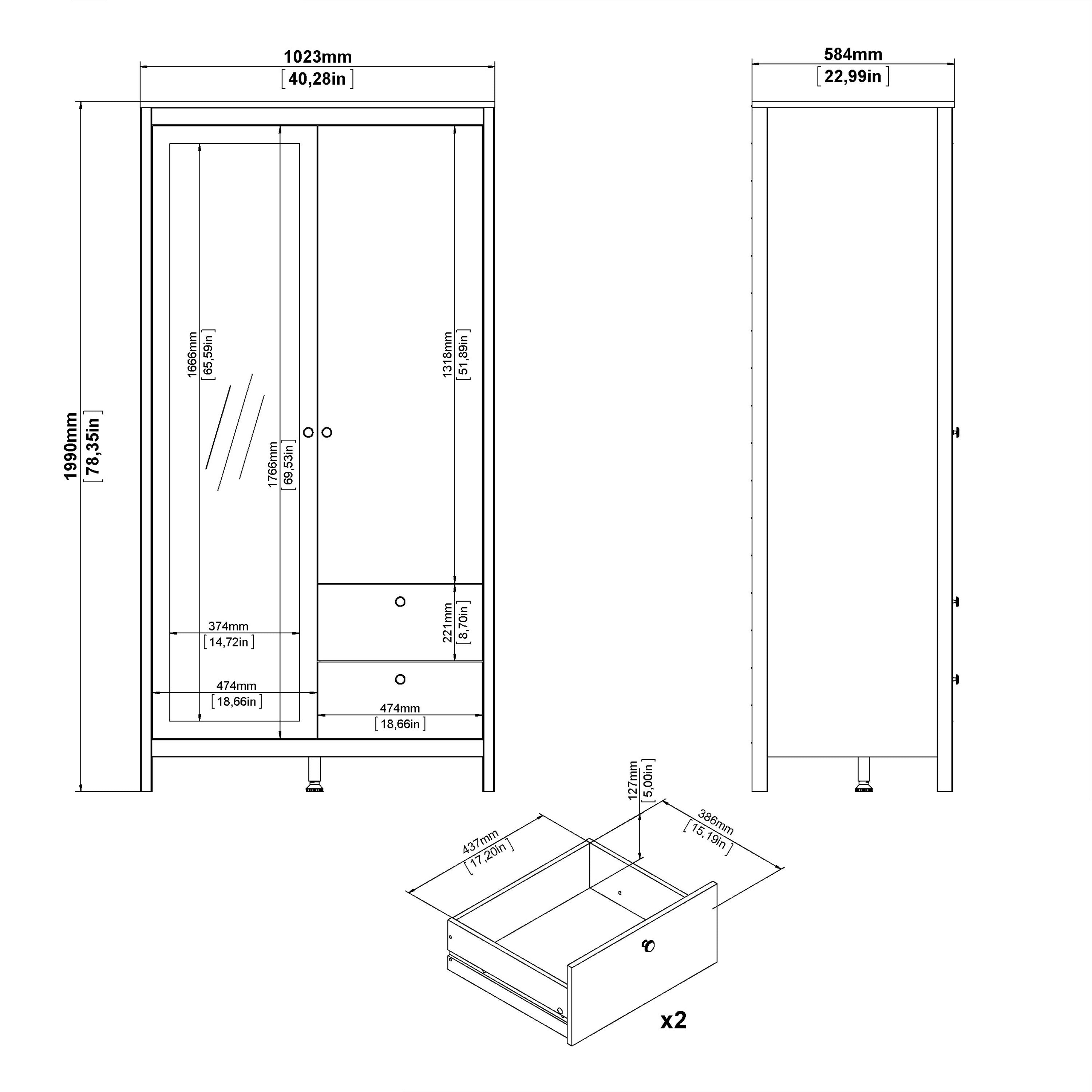 Madrid Mirrored Wardrobe With 1 Door 1 Mirror Door 2 Drawers Matt Black - Price Crash Furniture