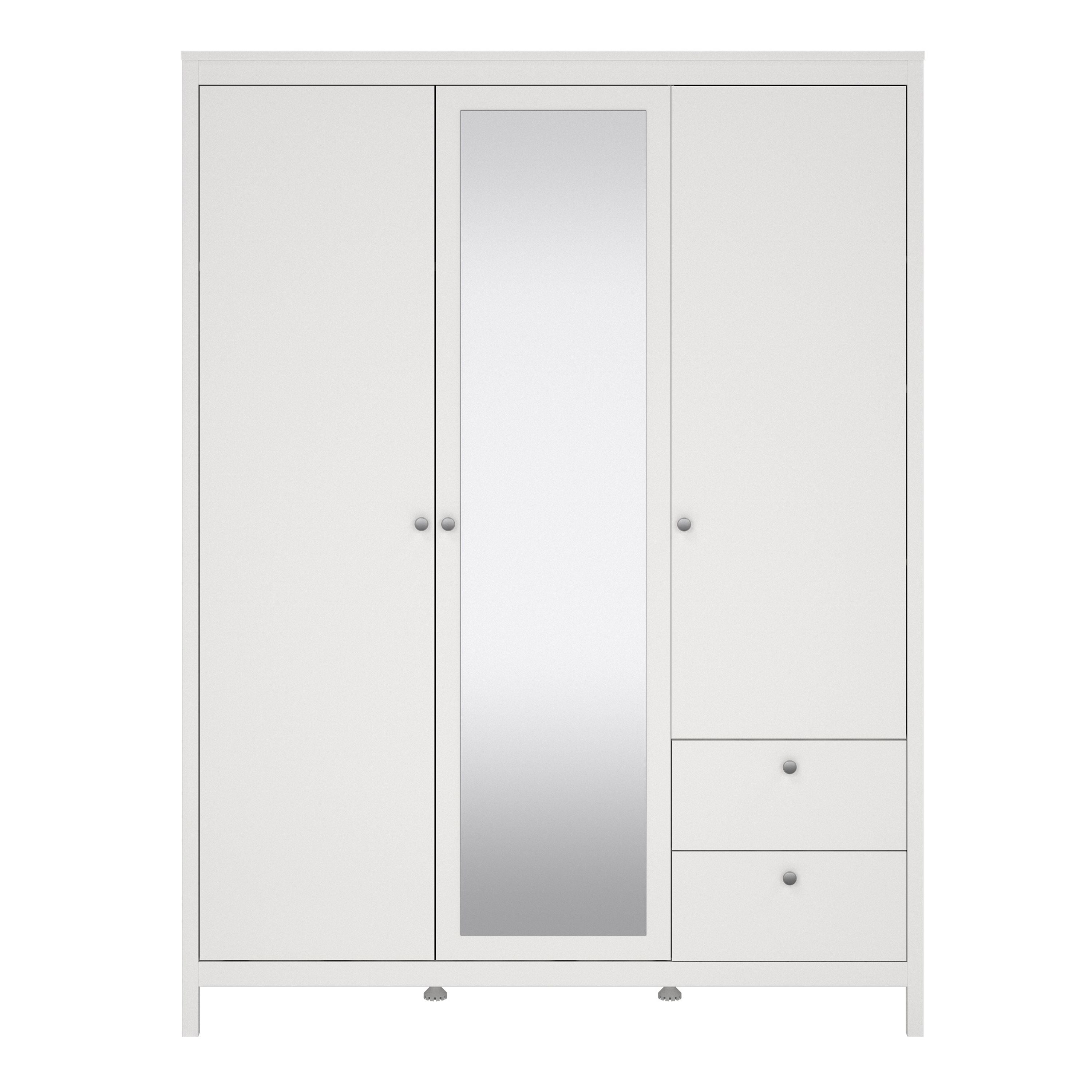 Madrid Extra Large Wardrobe With 2 Doors 1 Mirror Door 2 Drawers White - Price Crash Furniture