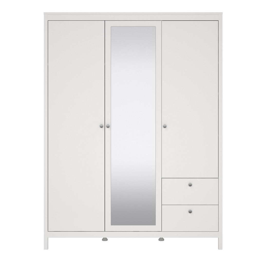 Madrid Extra Large Wardrobe With 2 Doors 1 Mirror Door 2 Drawers White - Price Crash Furniture