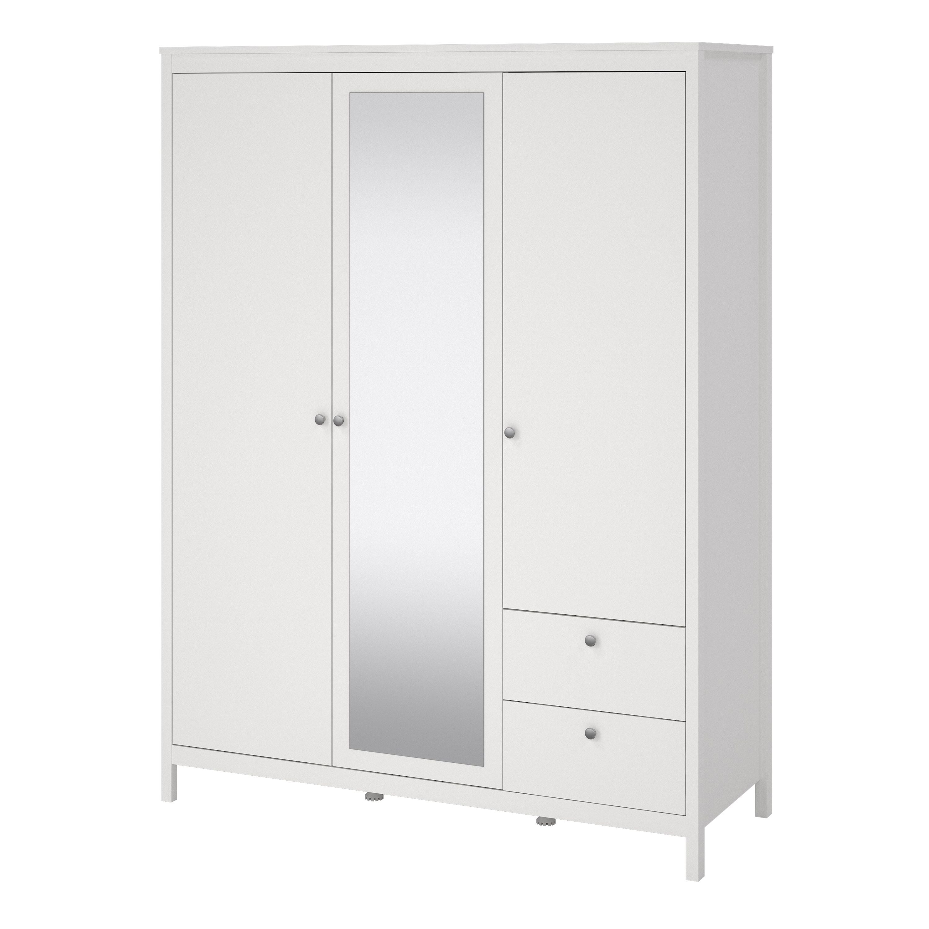 Madrid Extra Large Wardrobe With 2 Doors 1 Mirror Door 2 Drawers White - Price Crash Furniture