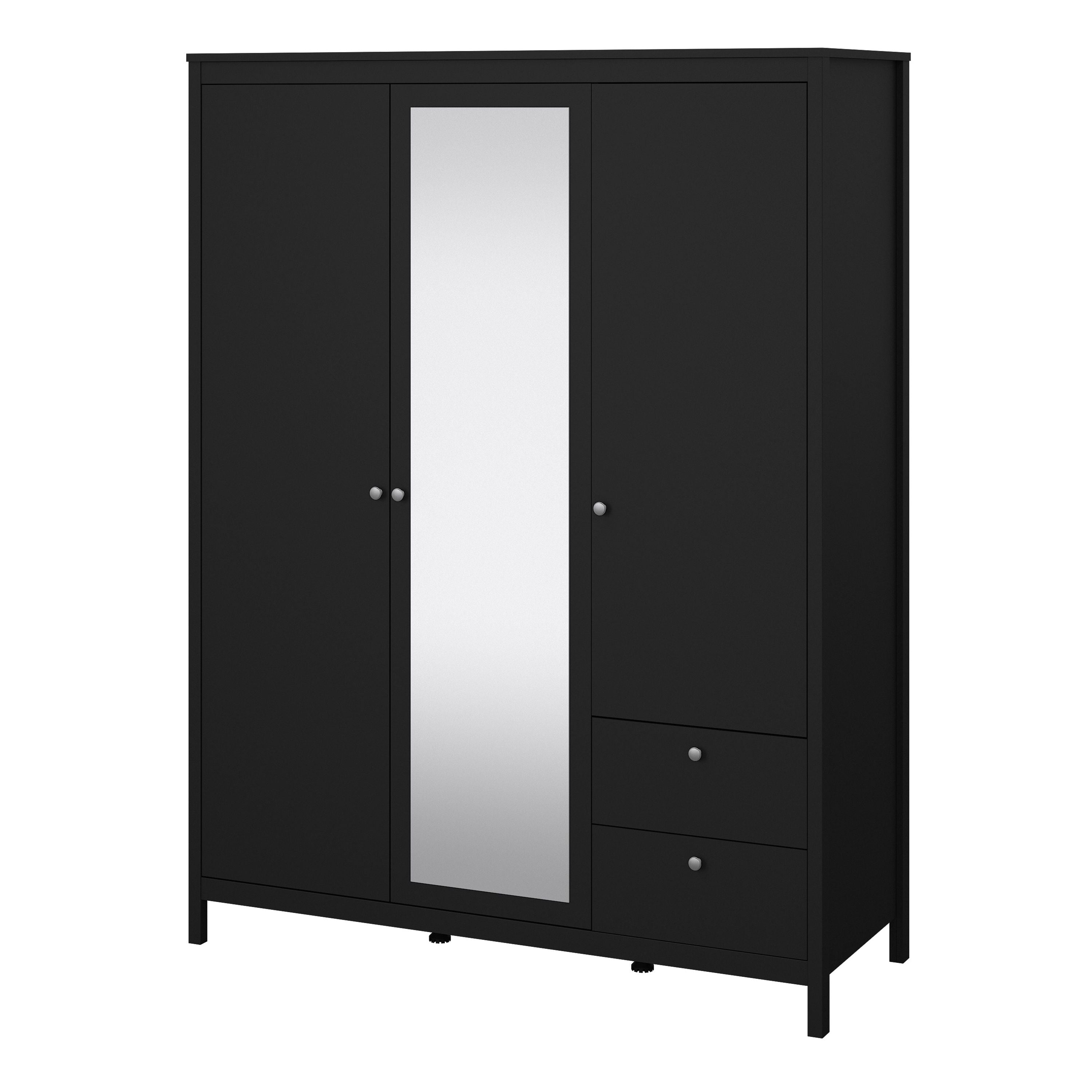 Madrid Extra Large Wardrobe With 2 Doors 1 Mirror Door 2 Drawers Matt Black - Price Crash Furniture