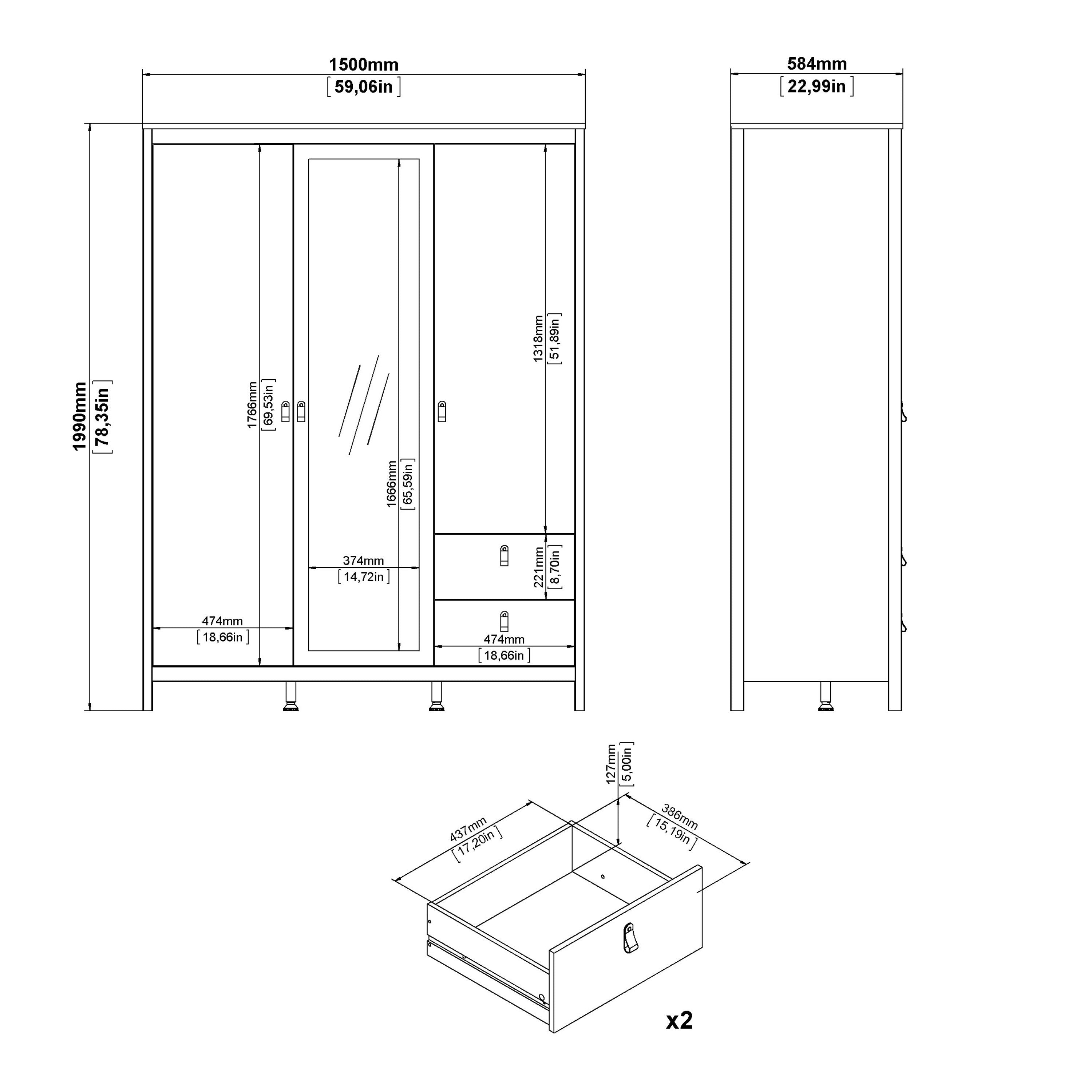 Madrid Extra Large Wardrobe With 2 Doors 1 Mirror Door 2 Drawers Matt Black - Price Crash Furniture