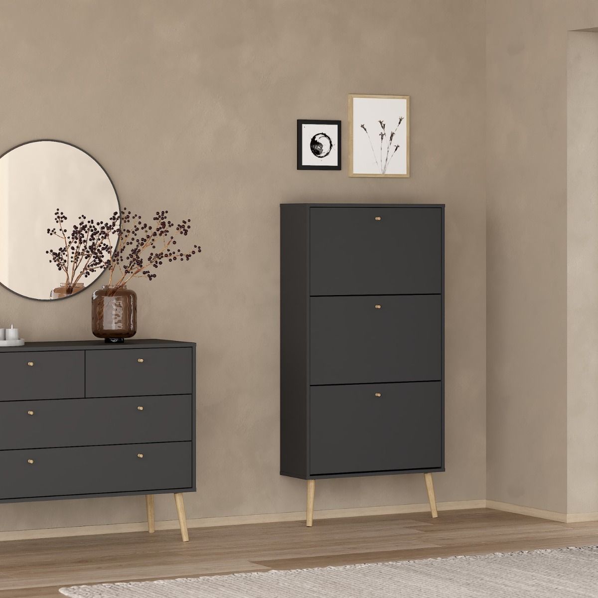 Cumbria Shoe Cabinet Storage Unit 3 Flip Down Doors Dark Grey - Price Crash Furniture