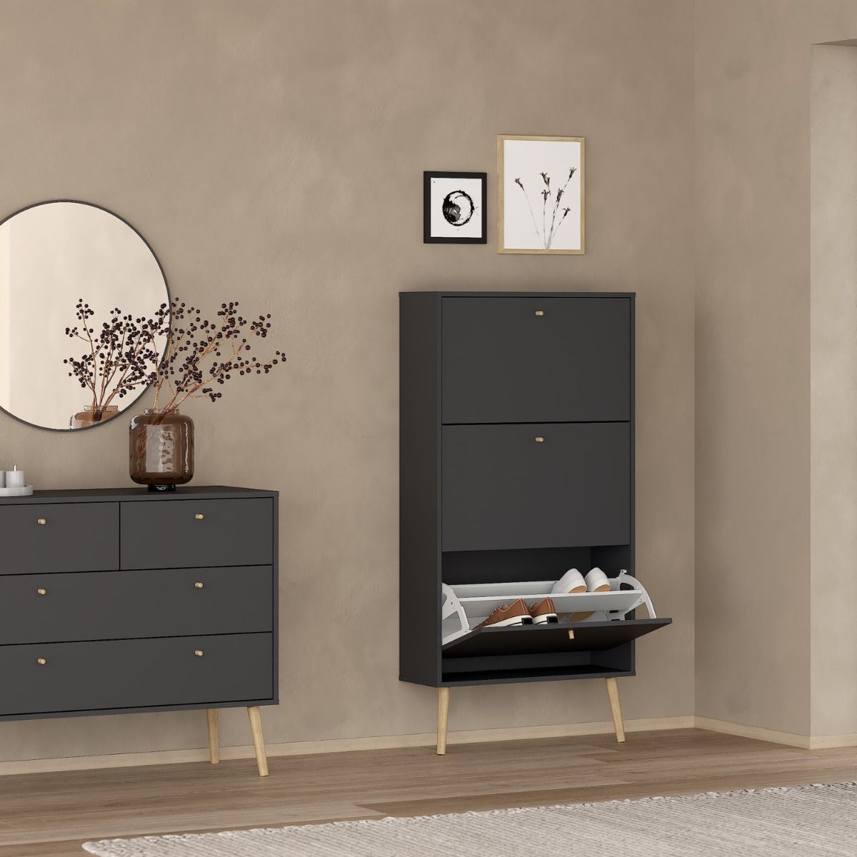 Cumbria Shoe Cabinet Storage Unit 3 Flip Down Doors Dark Grey - Price Crash Furniture