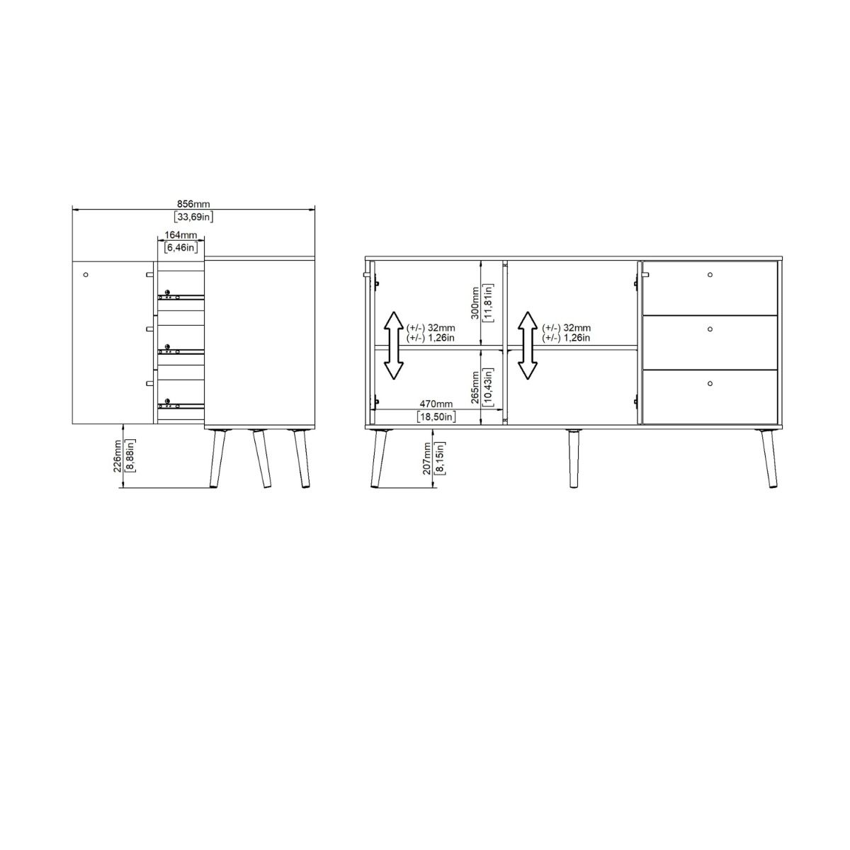 Cumbria Sideboard Buffet Unit 2 Doors + 3 Drawers White - Price Crash Furniture