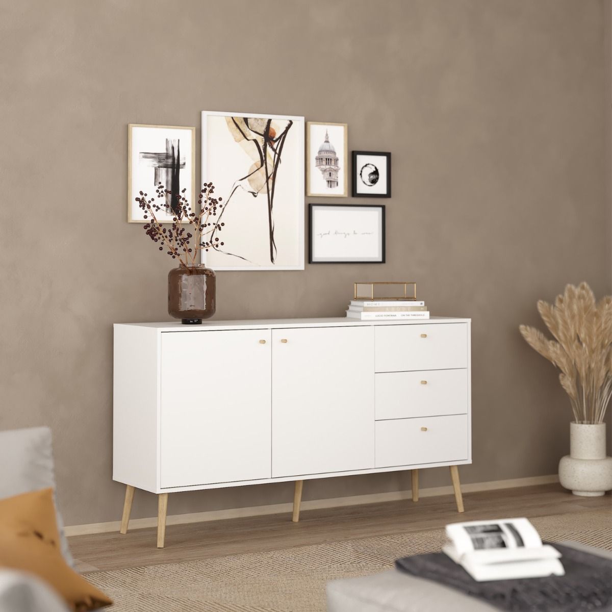 Cumbria Sideboard Buffet Unit 2 Doors + 3 Drawers White - Price Crash Furniture