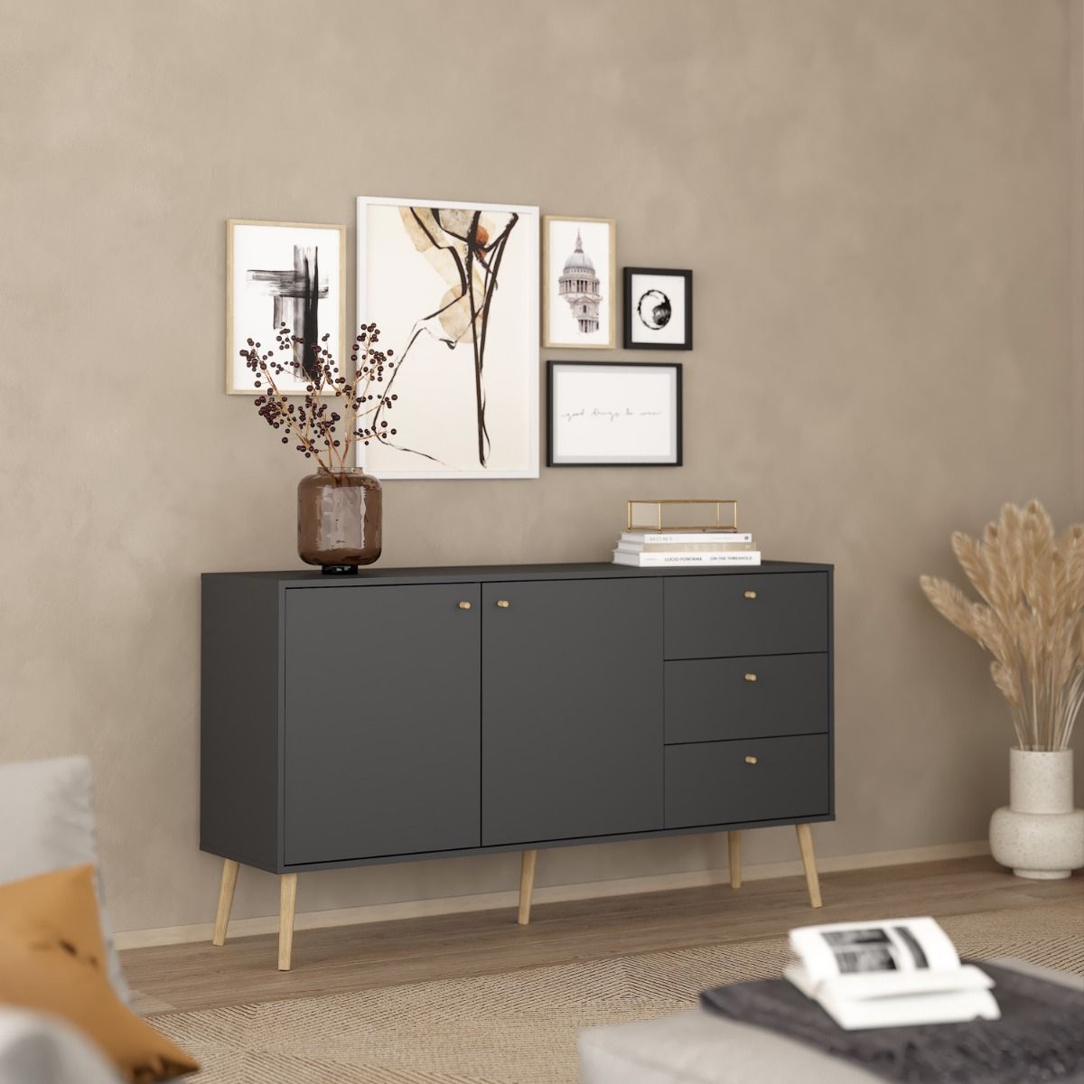 Cumbria Large Sideboard Buffet Unit 2 Doors + 3 Drawers Dark Grey - Price Crash Furniture