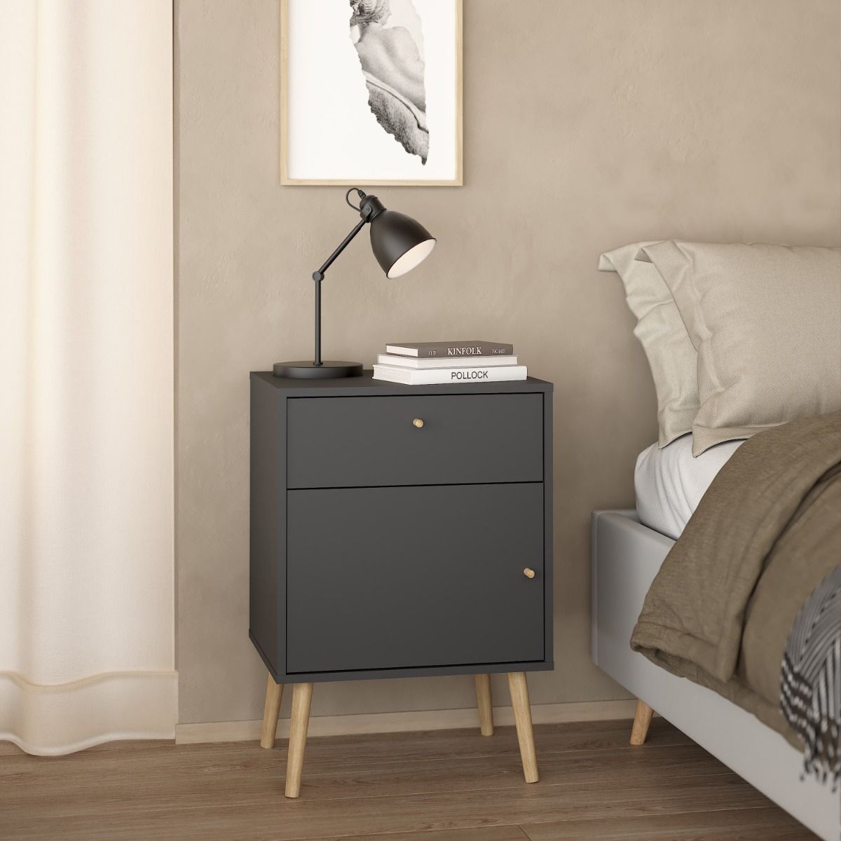 Cumbria Bedside Table Cabinet 1 Door + 1 Drawer Dark Grey - Price Crash Furniture