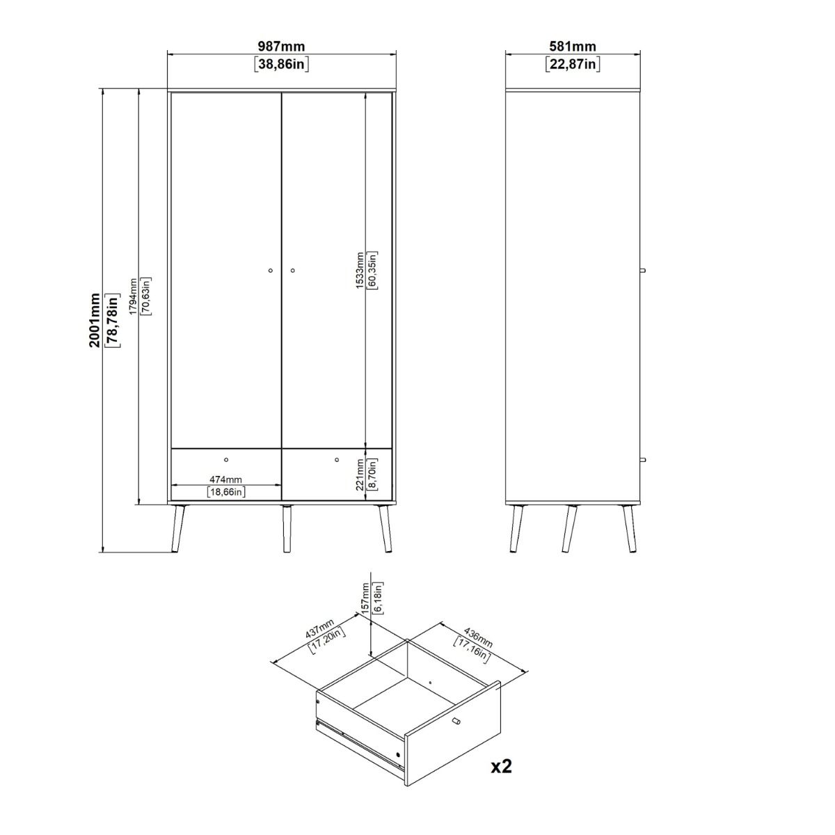 Cumbria Wardrobe With 2 Doors + 2 Drawers White - Price Crash Furniture