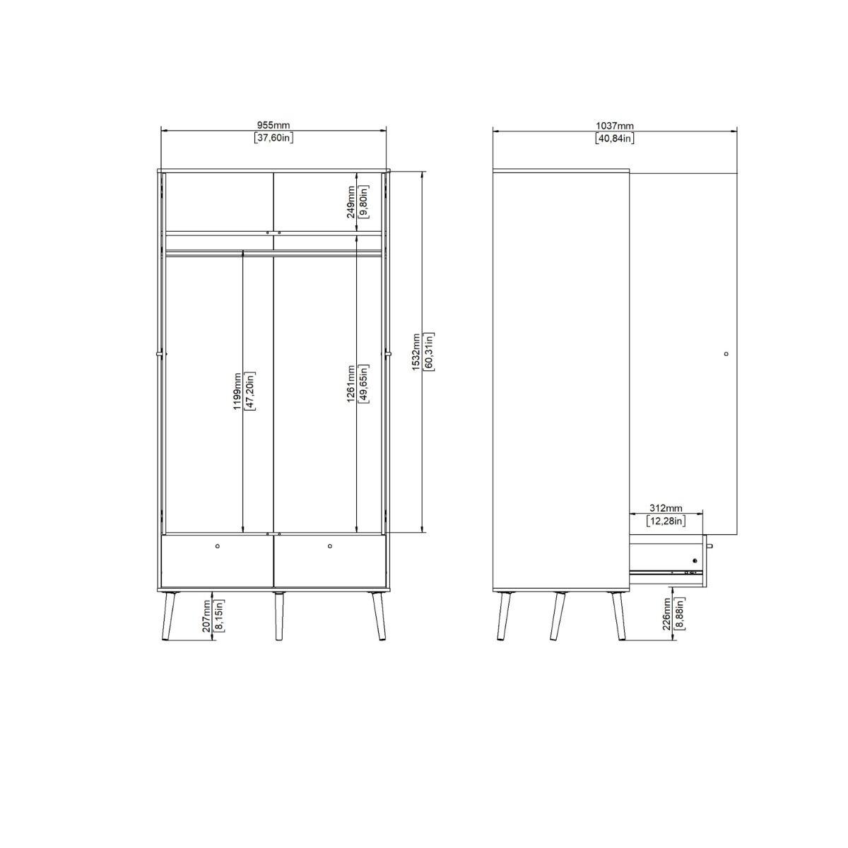 Cumbria Wardrobe With 2 Doors + 2 Drawers White - Price Crash Furniture