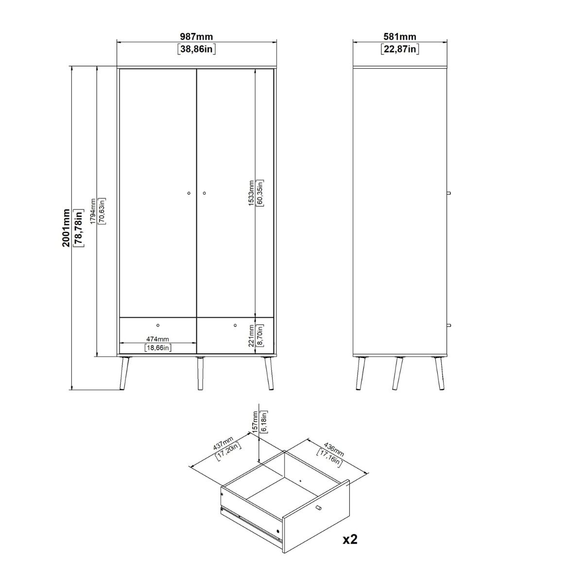 Cumbria Large Tall Wide Wardrobe With 2 Doors + 2 Drawers Dark Grey - Price Crash Furniture