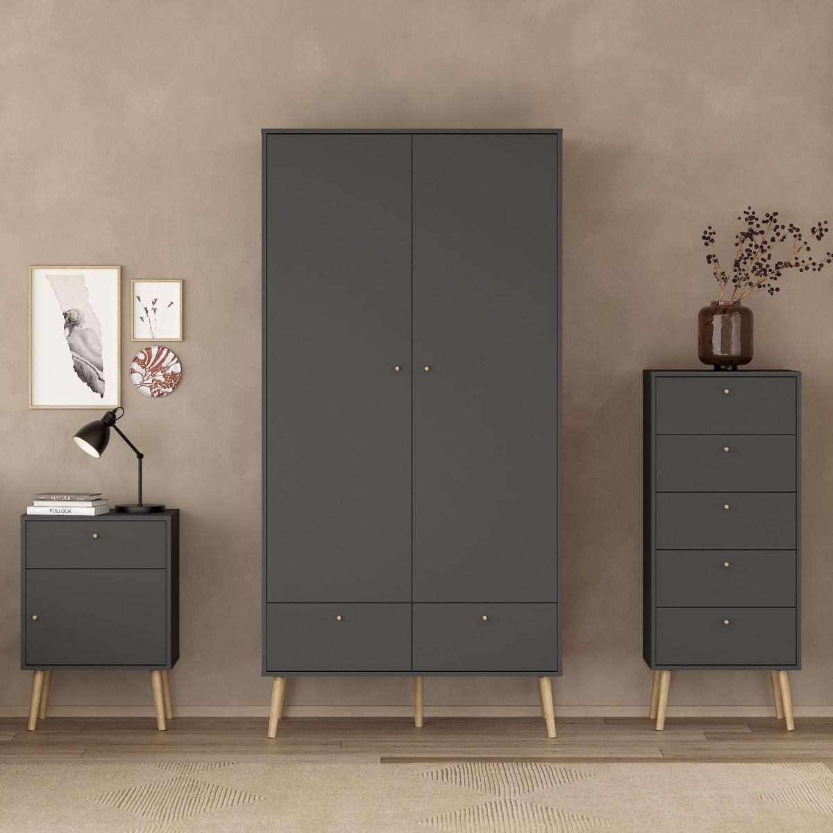 Cumbria Large Tall Wide Wardrobe With 2 Doors + 2 Drawers Dark Grey - Price Crash Furniture