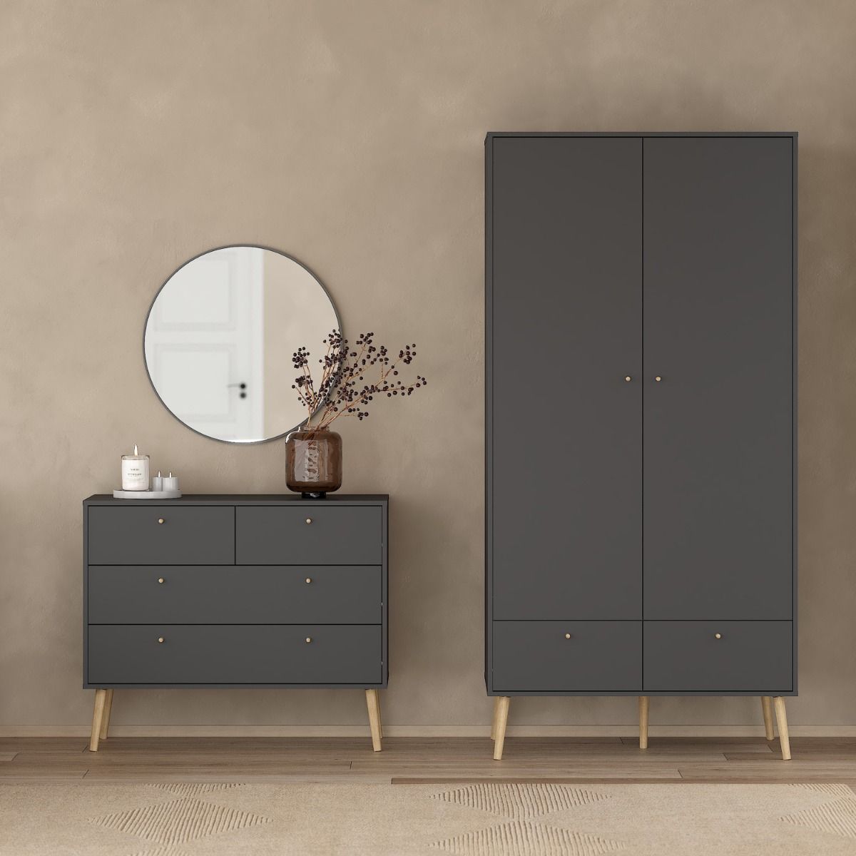 Cumbria Large Tall Wide Wardrobe With 2 Doors + 2 Drawers Dark Grey - Price Crash Furniture