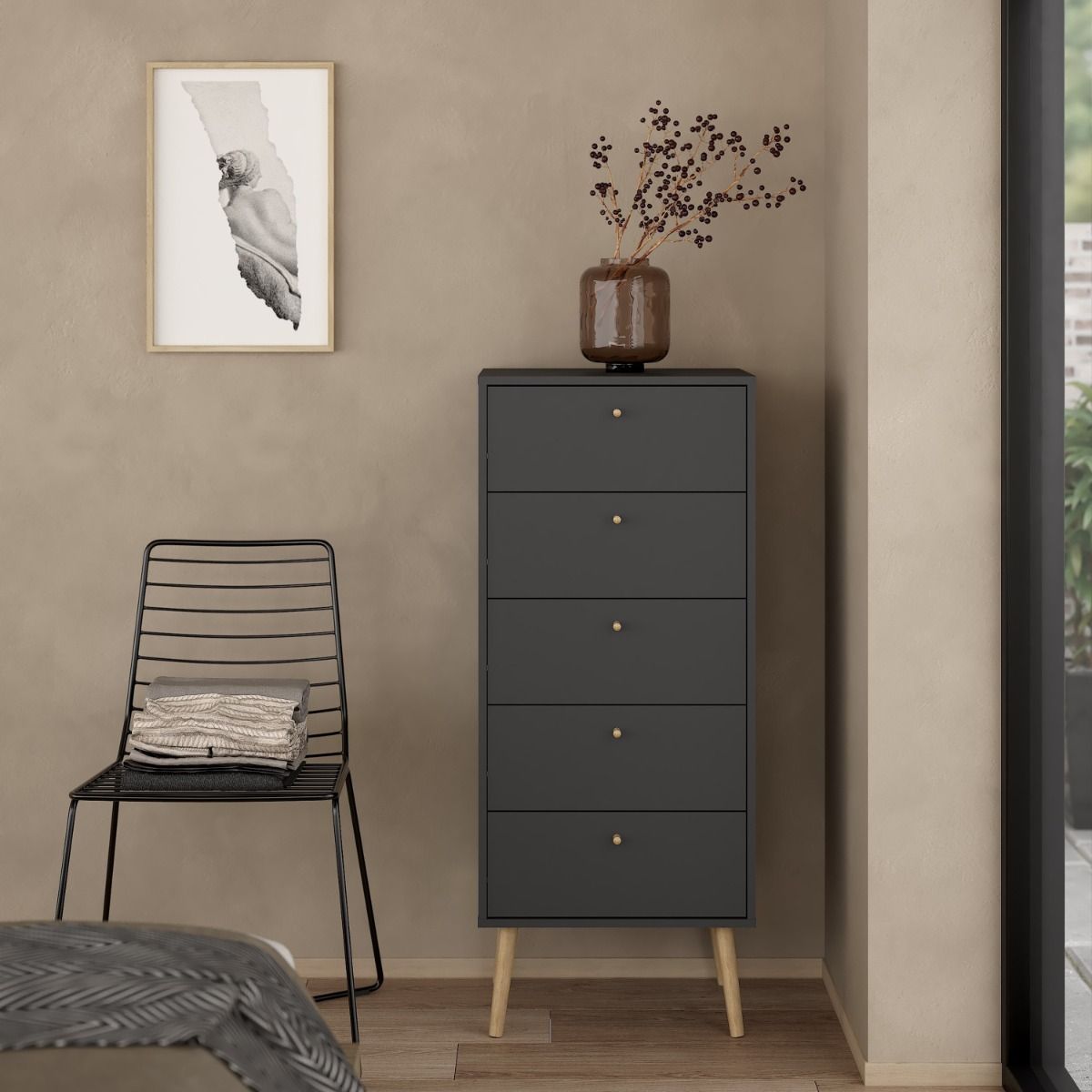 Cumbria Tall Narrow 5 Drawer Chest of Drawers Tallboy in Dark Grey - Price Crash Furniture