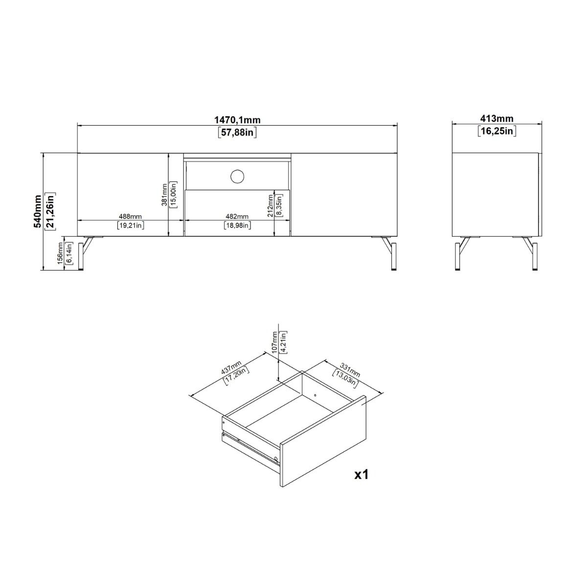 Kendall TV Cabinet With 2 Doors + 1 Drawer in Oak And Black - Price Crash Furniture