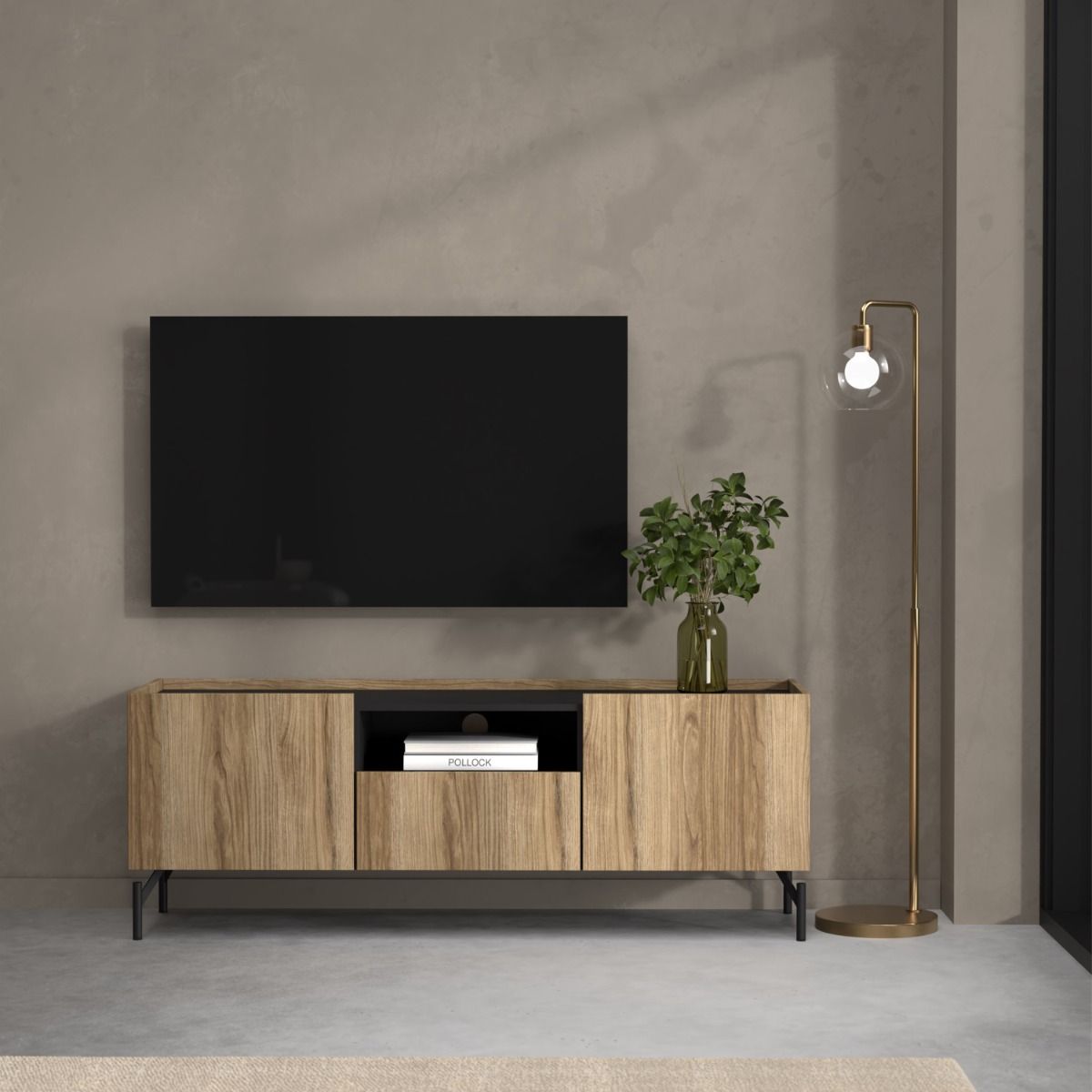 Kendall TV Cabinet With 2 Doors + 1 Drawer in Oak And Black - Price Crash Furniture