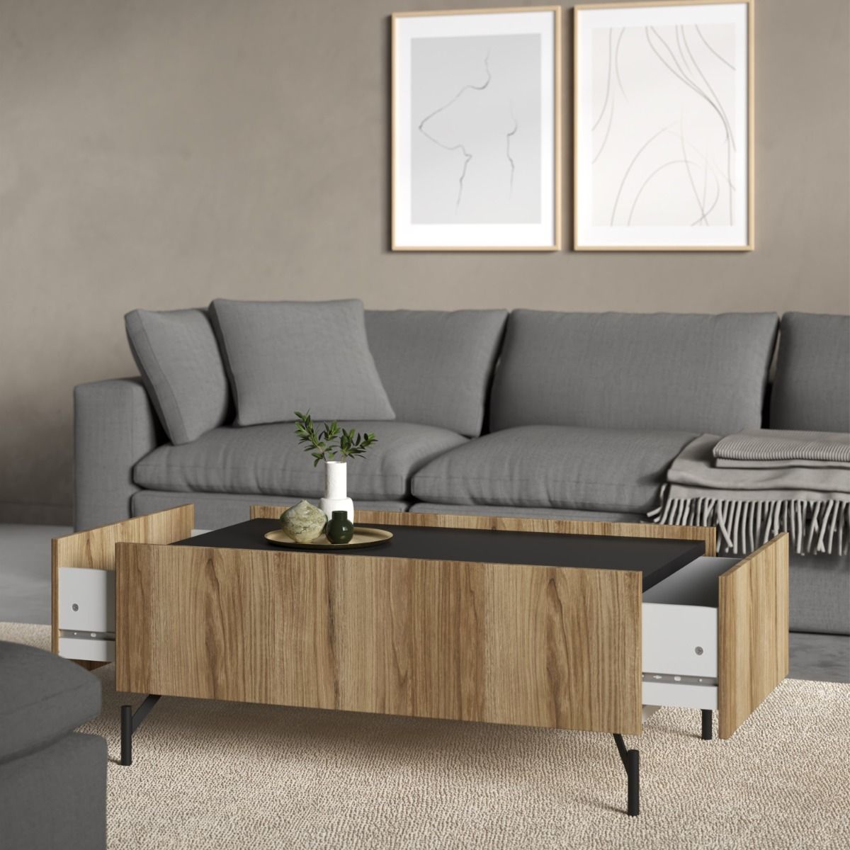 Kendall Storage Coffee Table With 2 Drawers Oak And Black - Price Crash Furniture