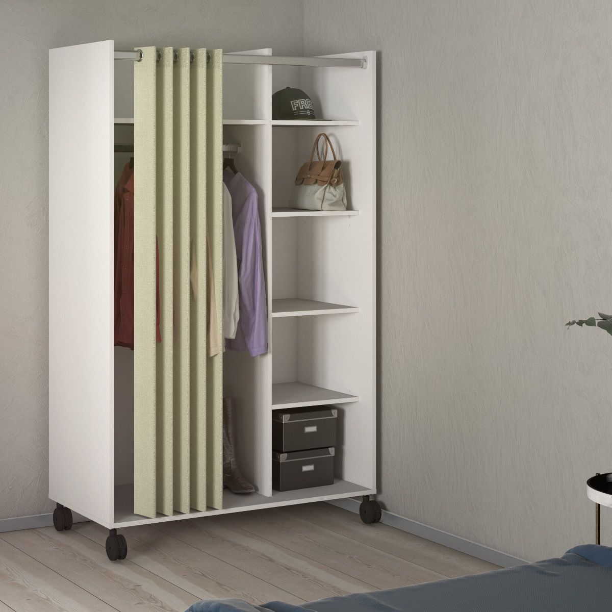 Uppsala Open Mobile Wardrobe White & Beige Textile Curtain - Price Crash Furniture