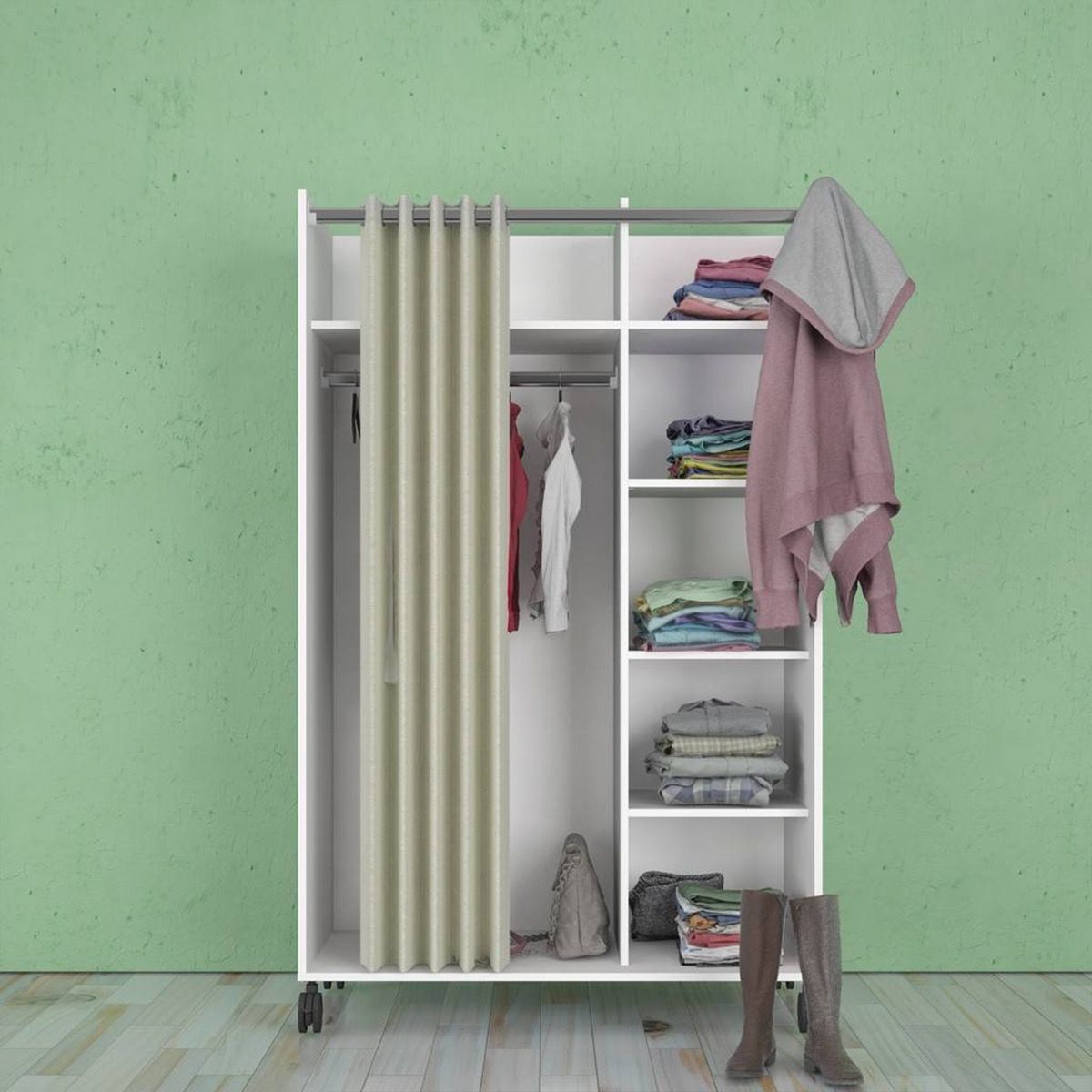 Uppsala Open Mobile Wardrobe White & Beige Textile Curtain - Price Crash Furniture