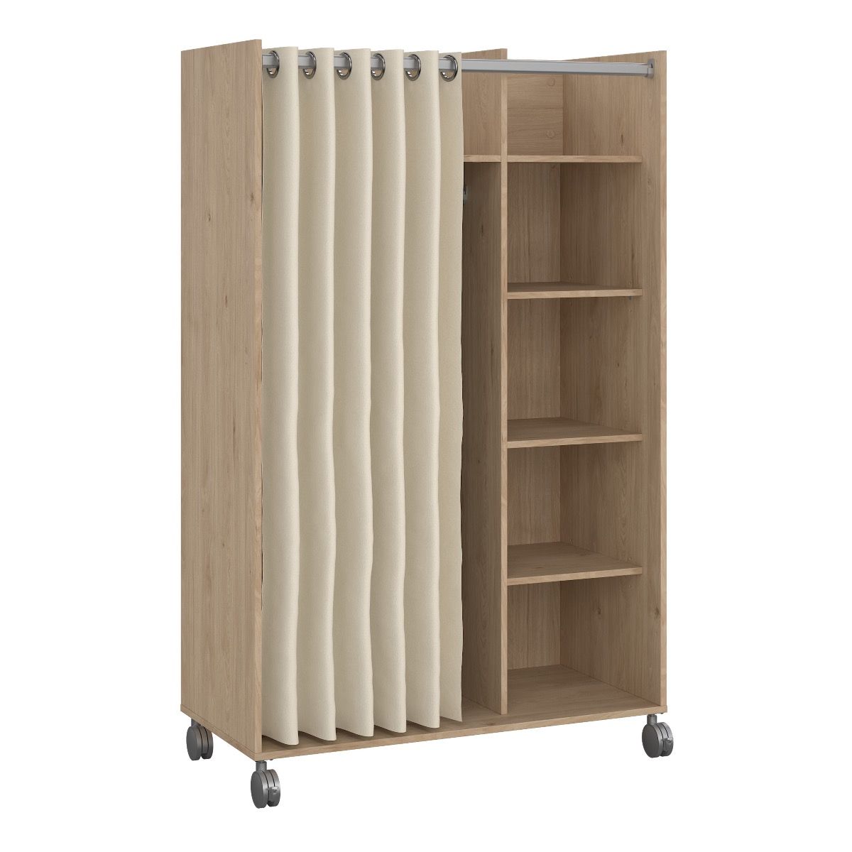 Uppsala Open Mobile Wardrobe Oak & Beige Textile Curtain On Wheels - Price Crash Furniture