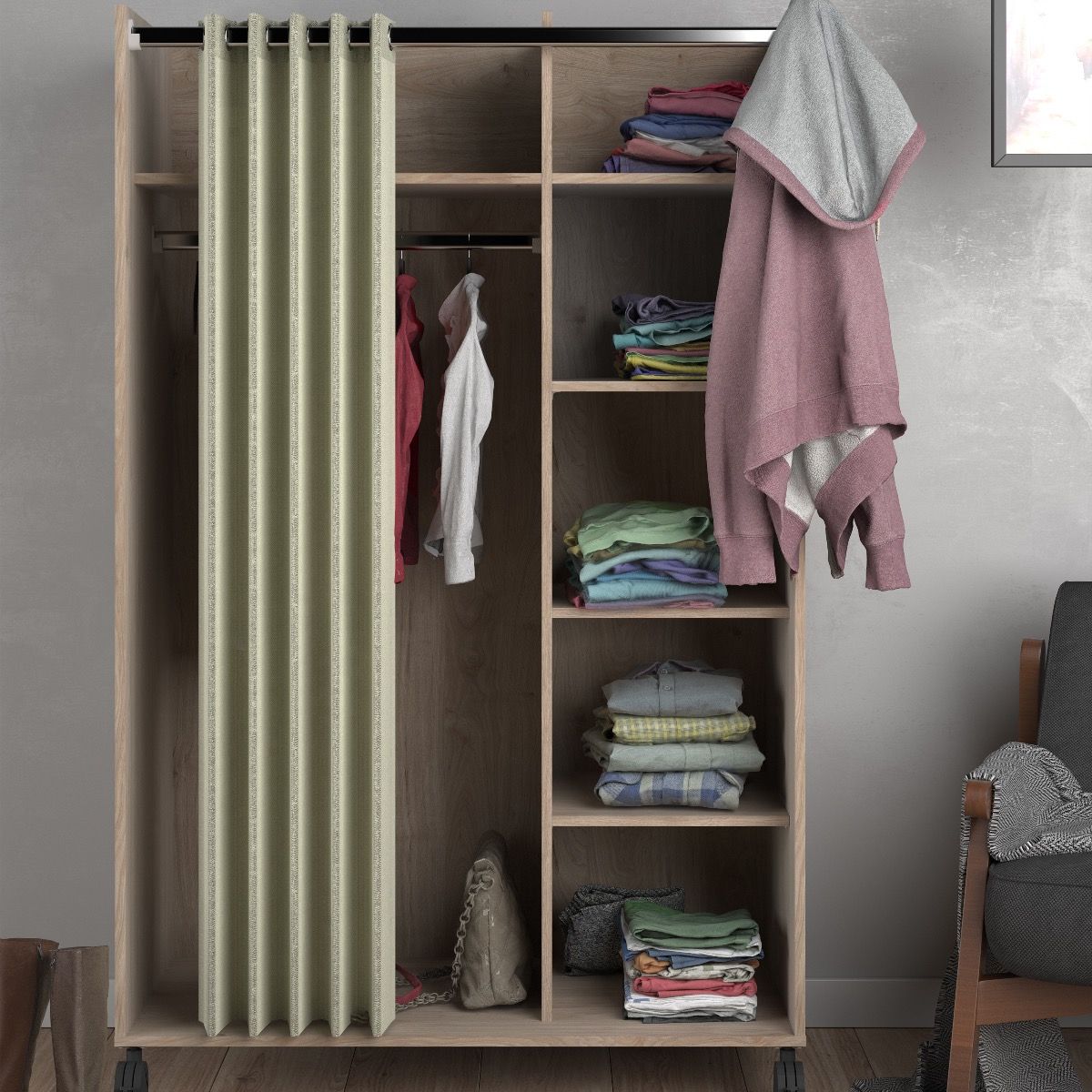 Uppsala Open Mobile Wardrobe Oak & Beige Textile Curtain On Wheels - Price Crash Furniture