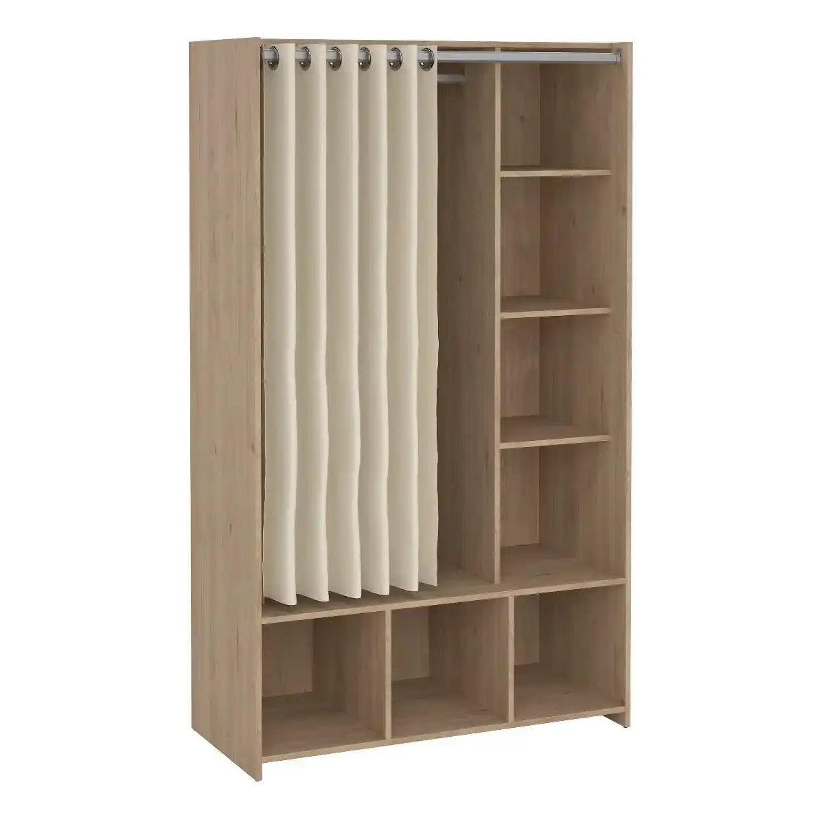 Uppsala Open Mobile Wardrobe Jackson Hickory Oak & Beige Textile Curtain - Price Crash Furniture