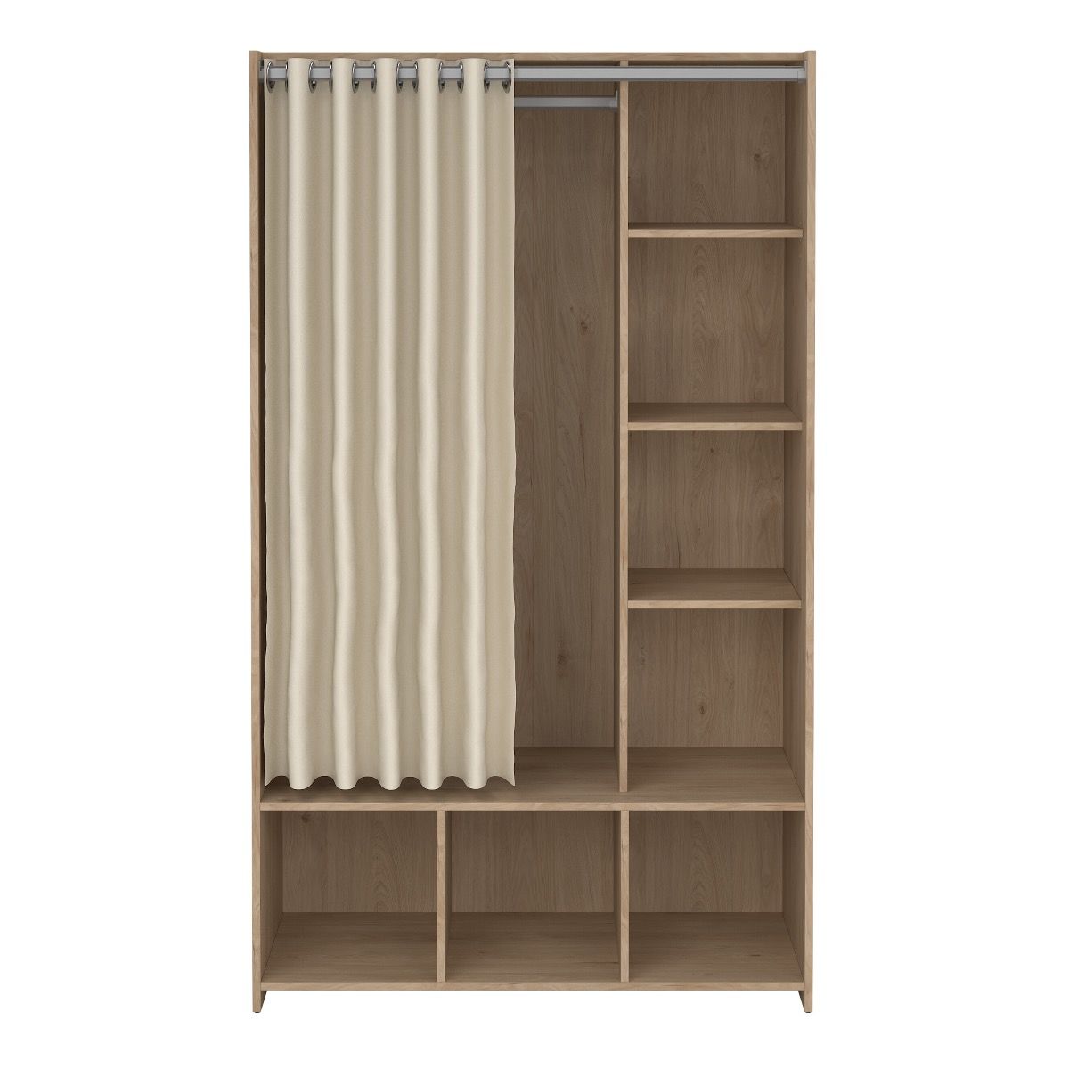 Uppsala Open Mobile Wardrobe Jackson Hickory Oak & Beige Textile Curtain - Price Crash Furniture