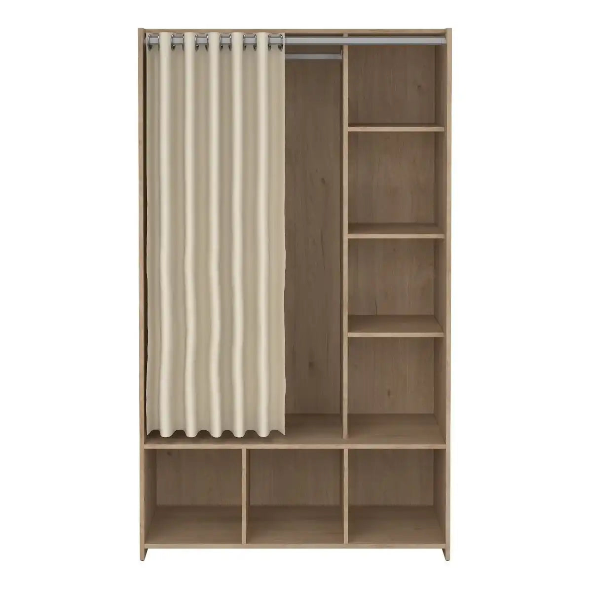 Uppsala Open Mobile Wardrobe Jackson Hickory Oak & Beige Textile Curtain - Price Crash Furniture