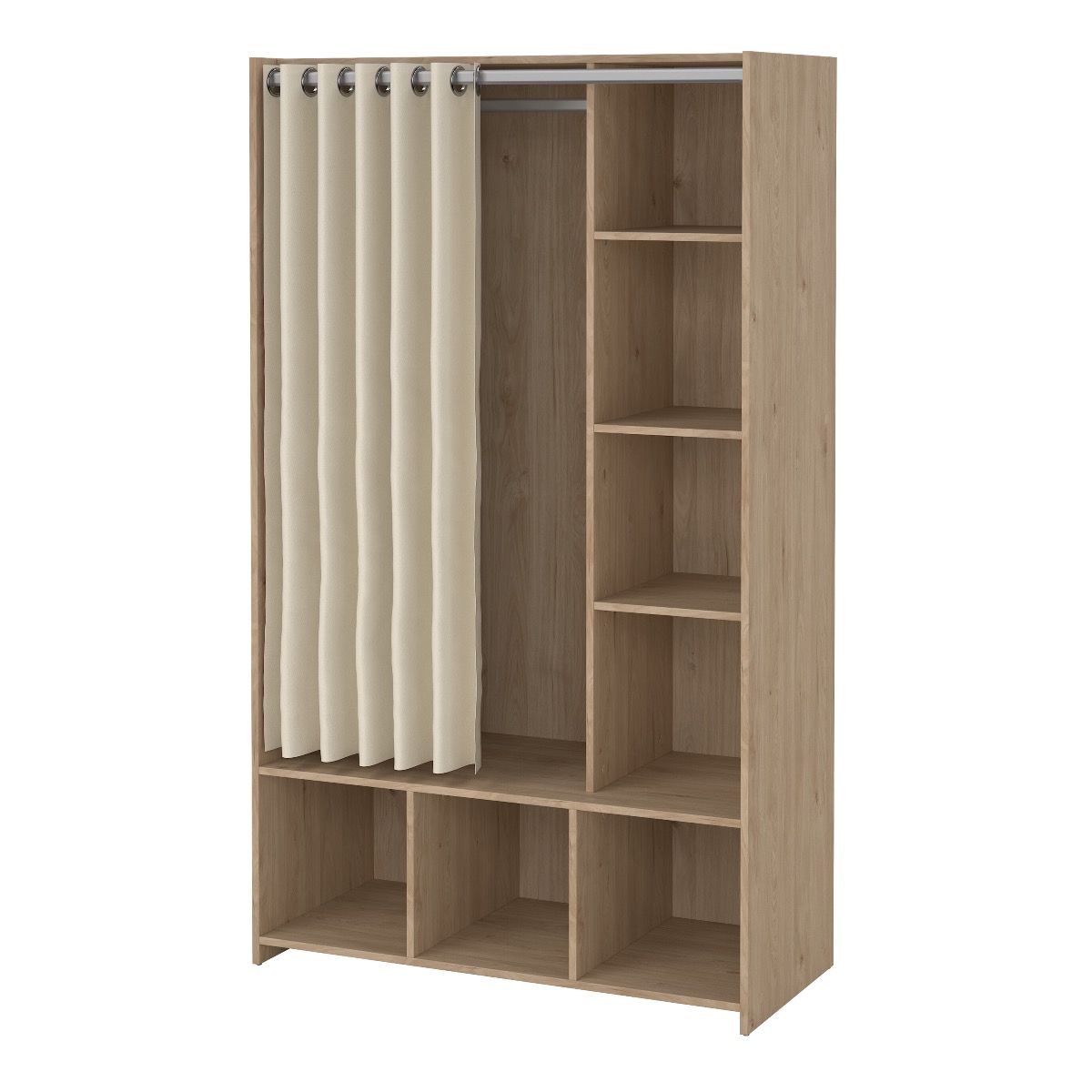 Uppsala Open Mobile Wardrobe Jackson Hickory Oak & Beige Textile Curtain - Price Crash Furniture